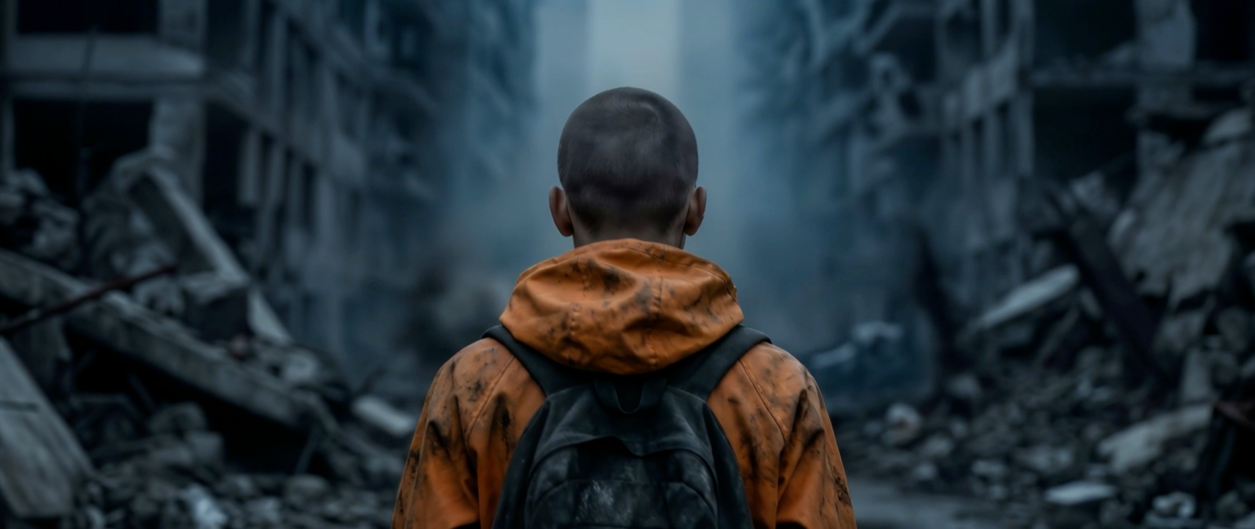Un garçon portant un sac à dos orange, vu de dos, marche dans un paysage de destruction avec des débris et des bâtiments en ruines, de la fumée ou du brouillard flottant dans l'air.