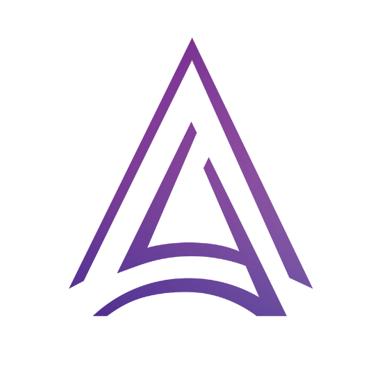 A geometric design of a purple and blue 3D triangular shape with layered lines and a sense of depth.