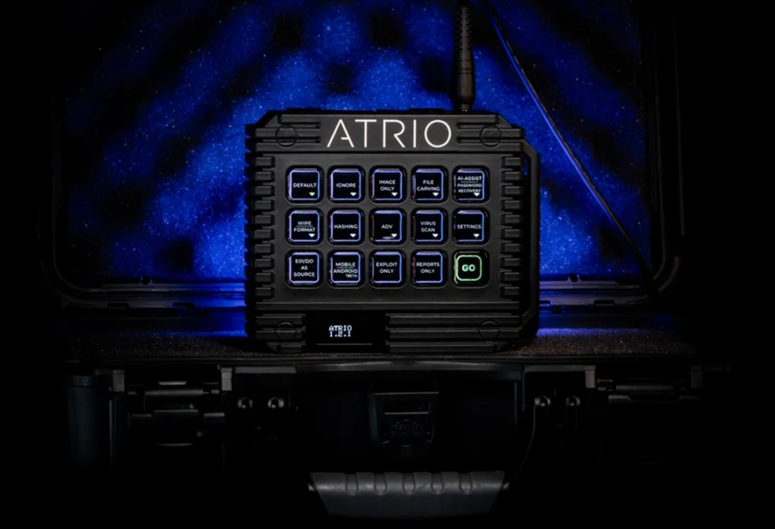 A black electronic device named ATRIO with illuminated buttons, placed on a dark surface against a starry blue galaxy background.