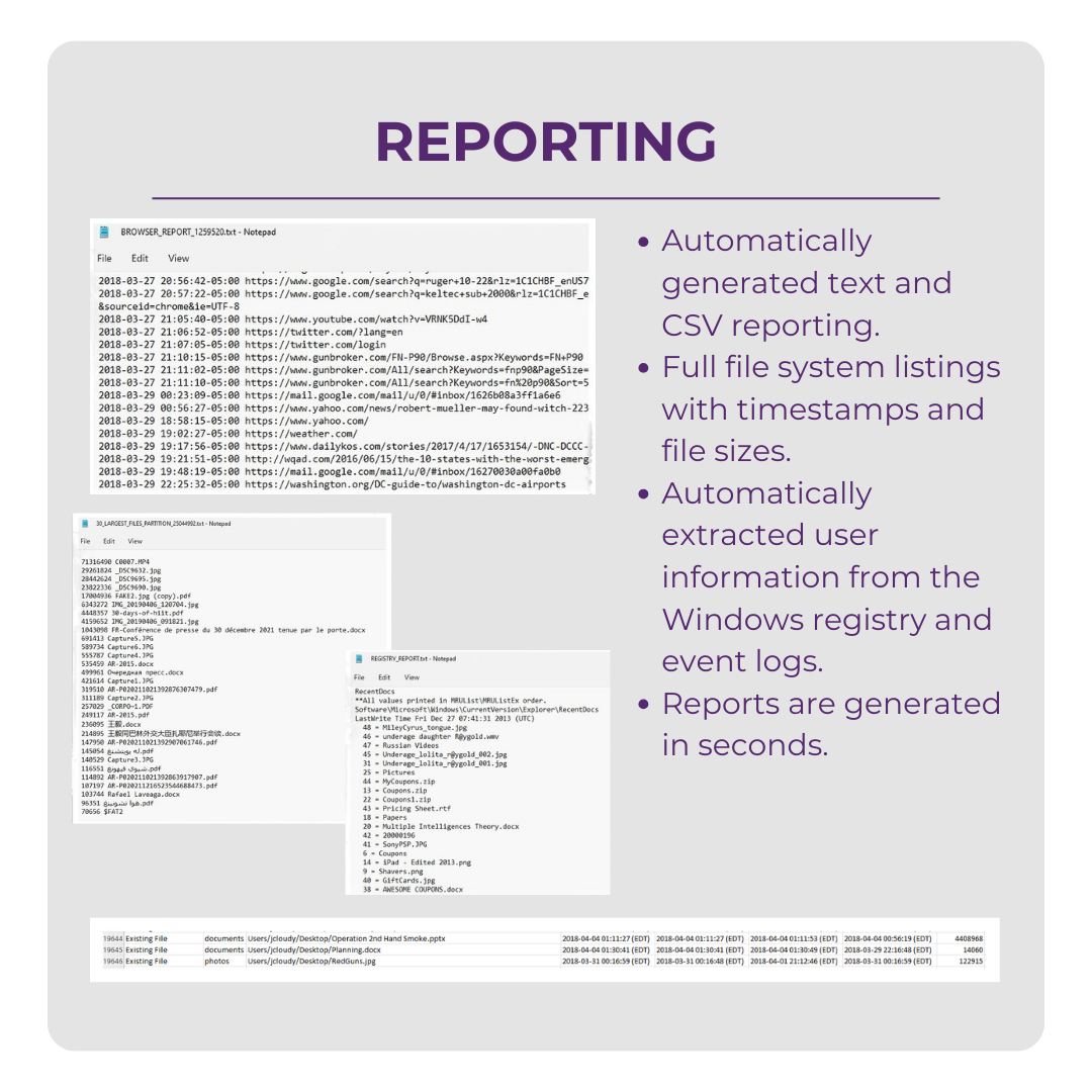 A presentation slide titled 'Reporting' describing automated text and CSV reporting, full file system listings with timestamps and sizes, automatic extraction of user information from Windows logs, and instant report generation.