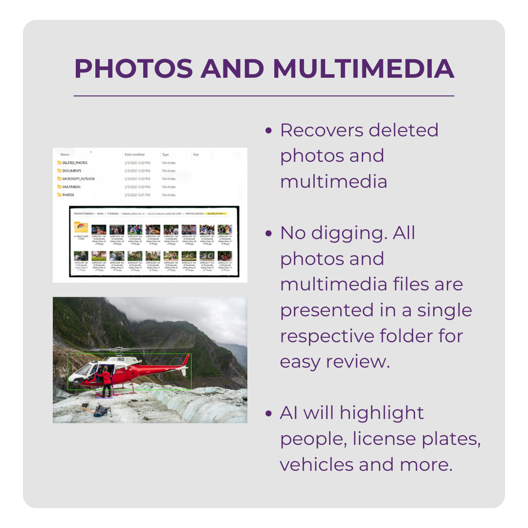 A presentation slide titled 'Photos and Multimedia' explains recovering deleted media, viewing all files in a single folder, and AI to highlight people, license plates, vehicles, and more. It features two images: a file directory and a drone with a p