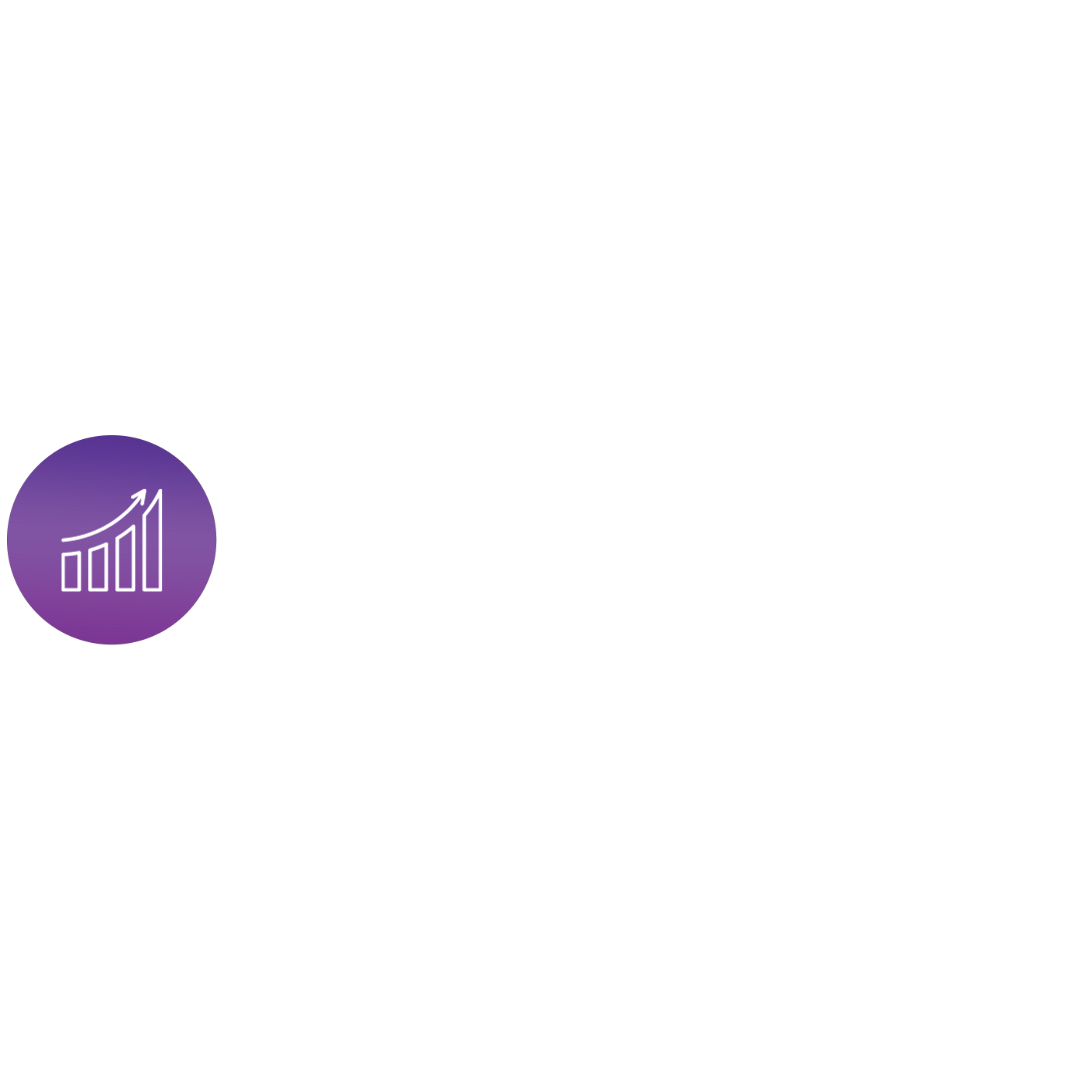 Line graph showing a consistent upward trend with a purple circle icon featuring an ascending bar chart and arrow at the bottom left corner.