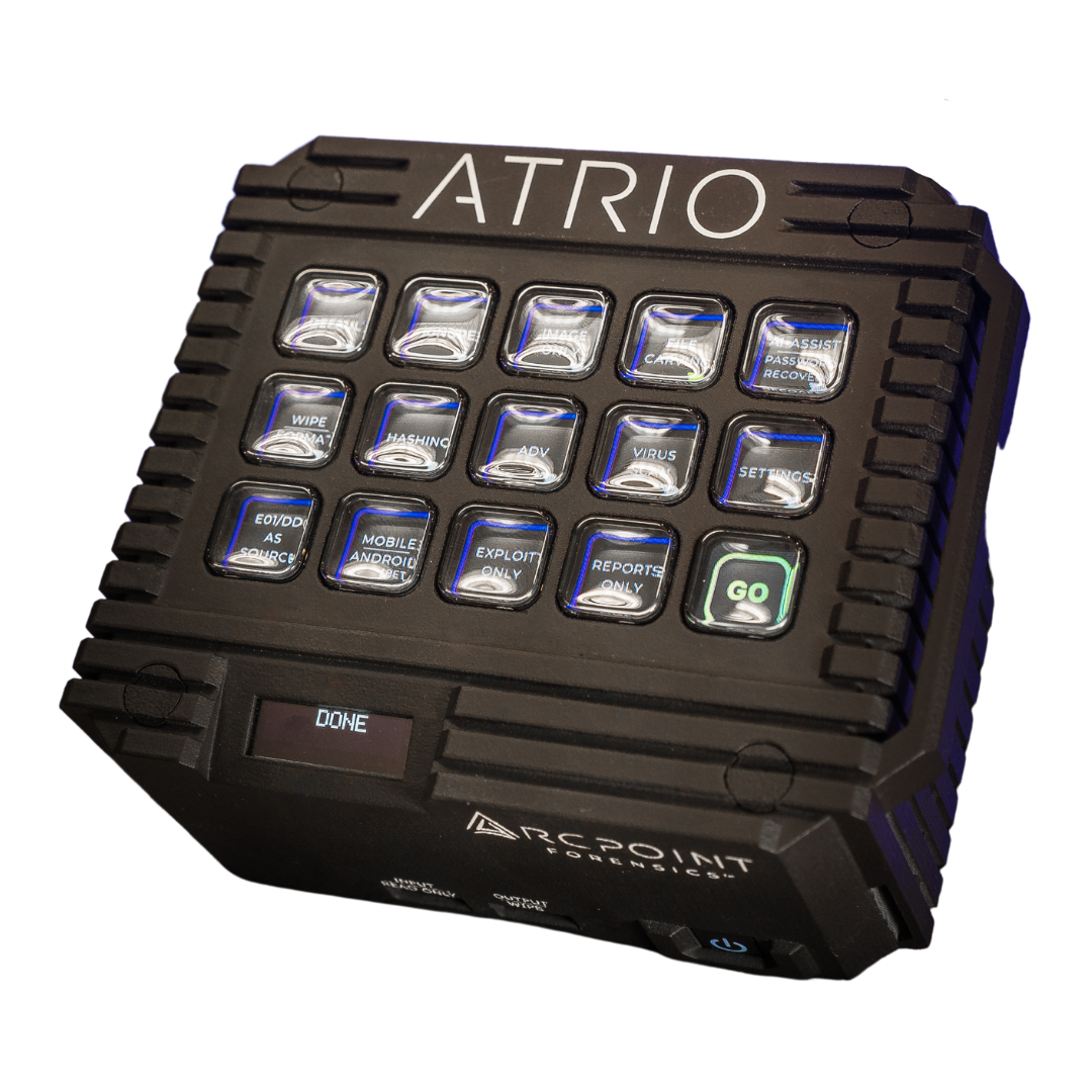 A black electronic device with multiple small buttons, labeled with words like 'WIPE', 'HASHING', 'VIRUS', and 'GO', with a small display screen at the bottom showing 'DONE'.