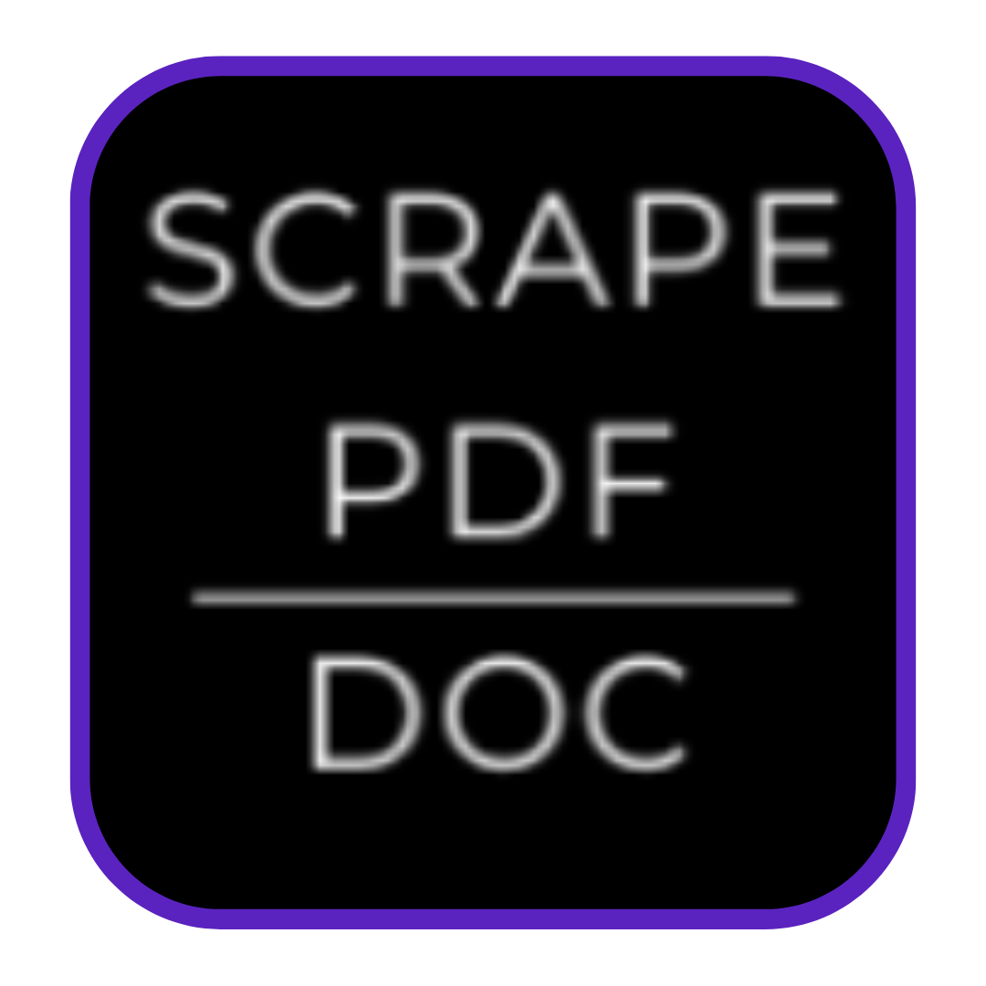 Icon with the words 'SCRAPE PDF DOC' in white on a black background with purple edges.