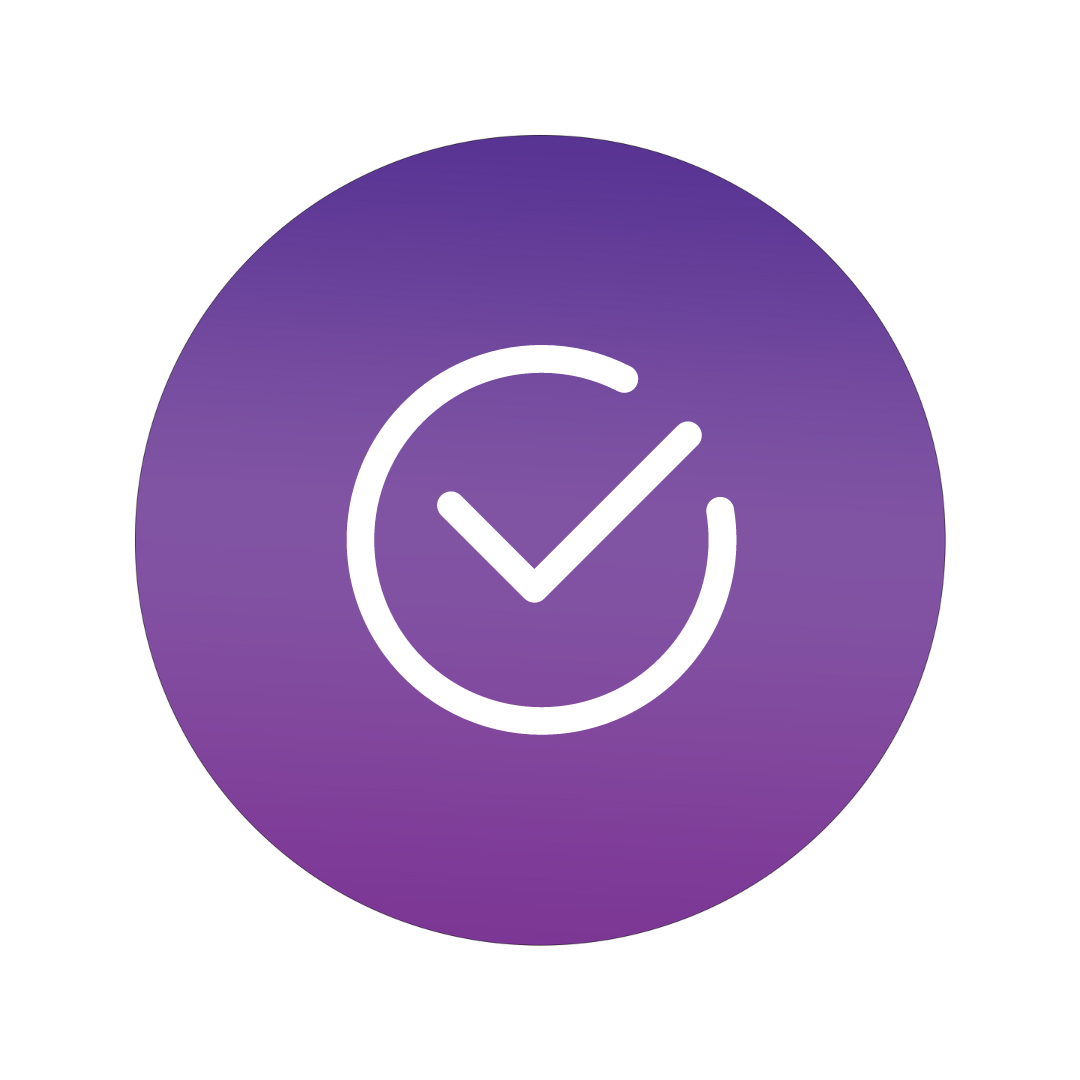 Purple circular icon with a white check mark inside a white circle outline.