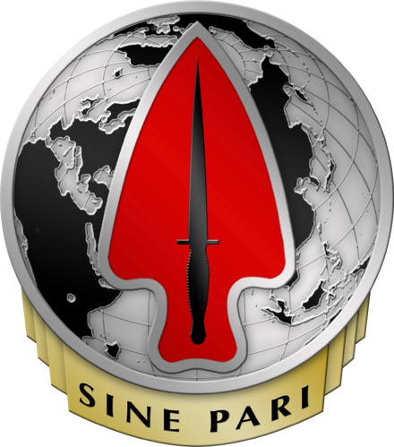 A logo with a globe showing Asia and Australia, a red spearhead-shaped symbol with a dagger at its base, and the words 'SINE PARIB' on a gold ribbon.