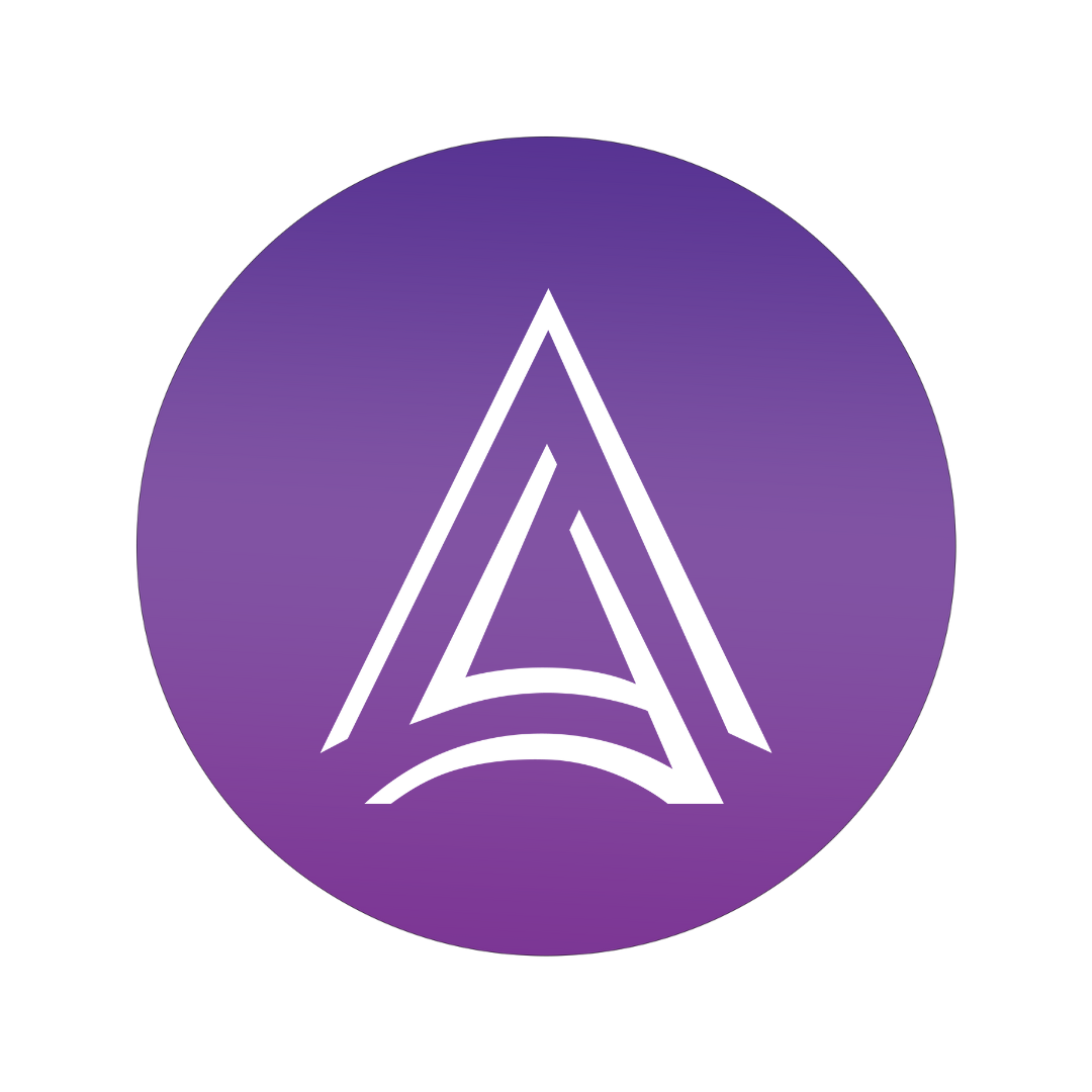 Purple circular logo with a white geometric design resembling a stylized letter 'A' within a layered triangular shape.