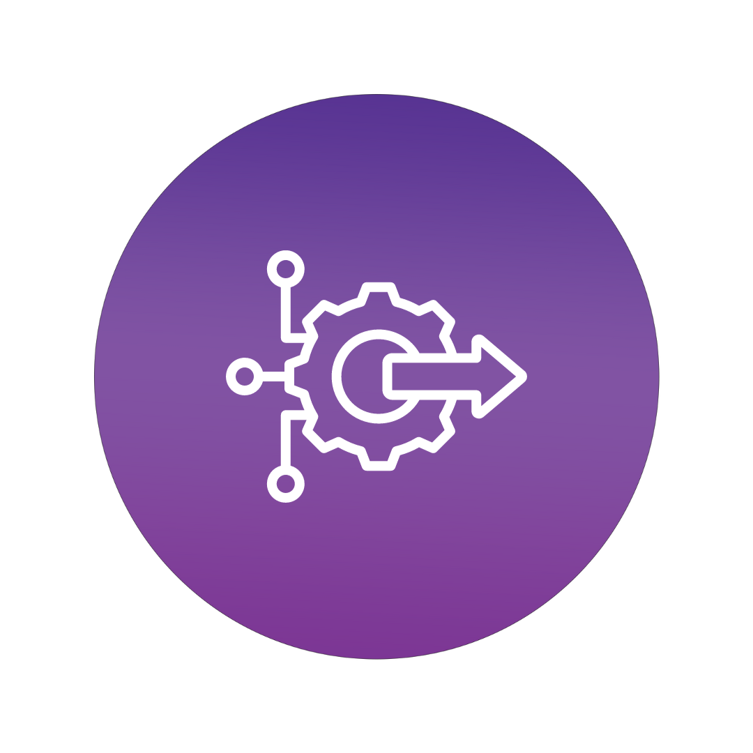 Icon of a gear with connected nodes and a right-pointing arrow, on a purple circular background.