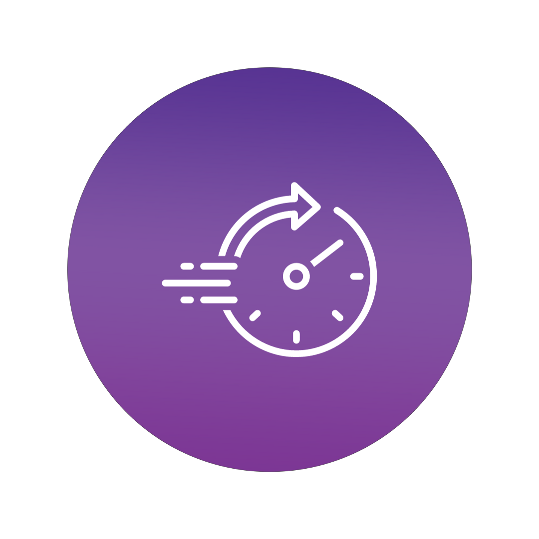 Icon of a clock with a curved arrow and motion lines, symbolizing speed or quick turnaround, set against a purple circular background.