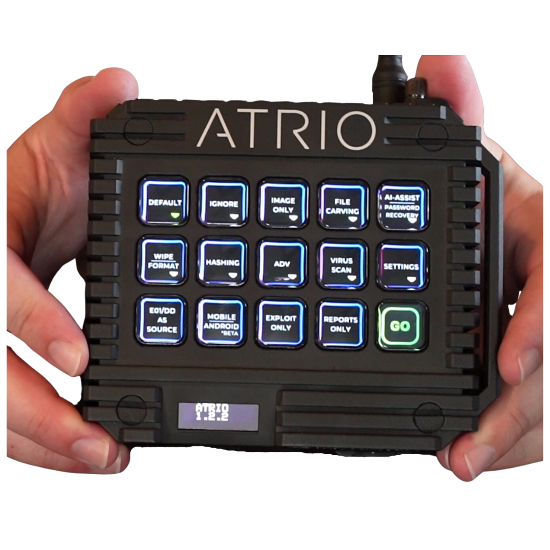 Hand holding a black forensic tool with illuminated buttons labeled with various digital forensic functions.