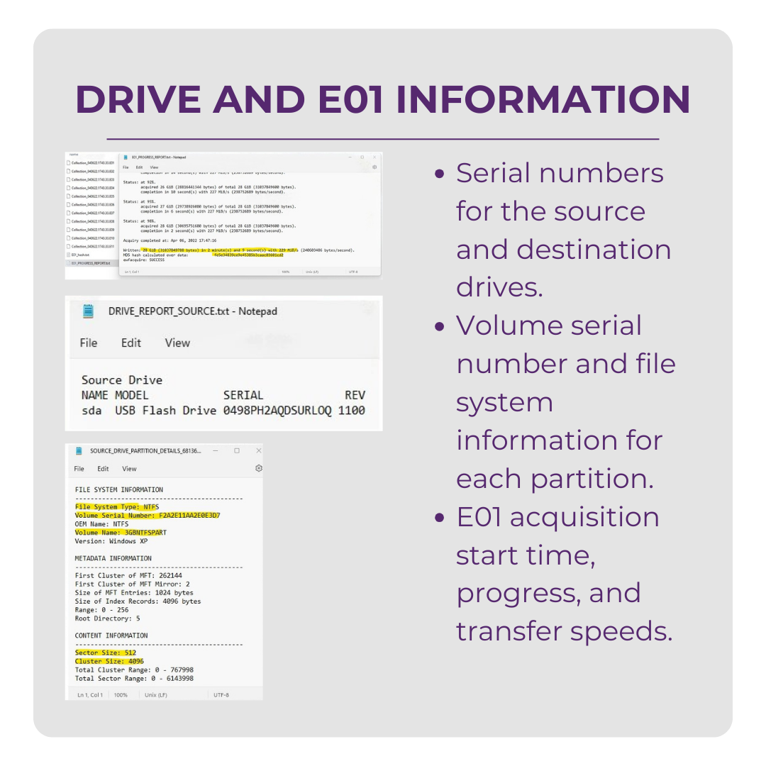 An informational presentation slide titled 'Drive and EO1 Information' detailing serial numbers, volume serial numbers, file system types, EO1 start times, progress, and transfer speeds related to data storage and transfer.