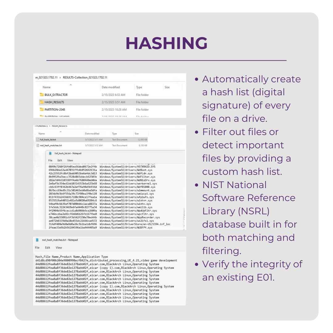 A presentation slide explaining hashing, with bullet points about creating hash lists, filtering files, and verifying data integrity, including images of file directories, hash lists, and a list of Windows system driver files.