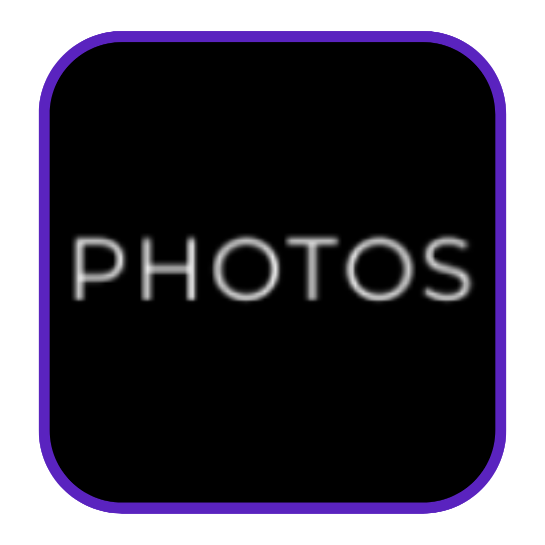 A black square with rounded corners and a purple border, displaying the word 'PHOTOS' in gray uppercase letters in the center.