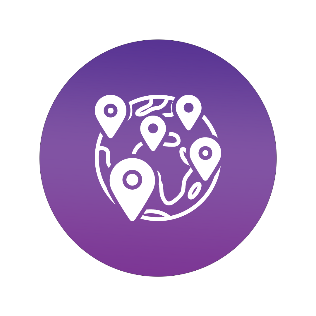 An icon of a globe with multiple location pins scattered across it, symbolizing global positioning or worldwide location services.
