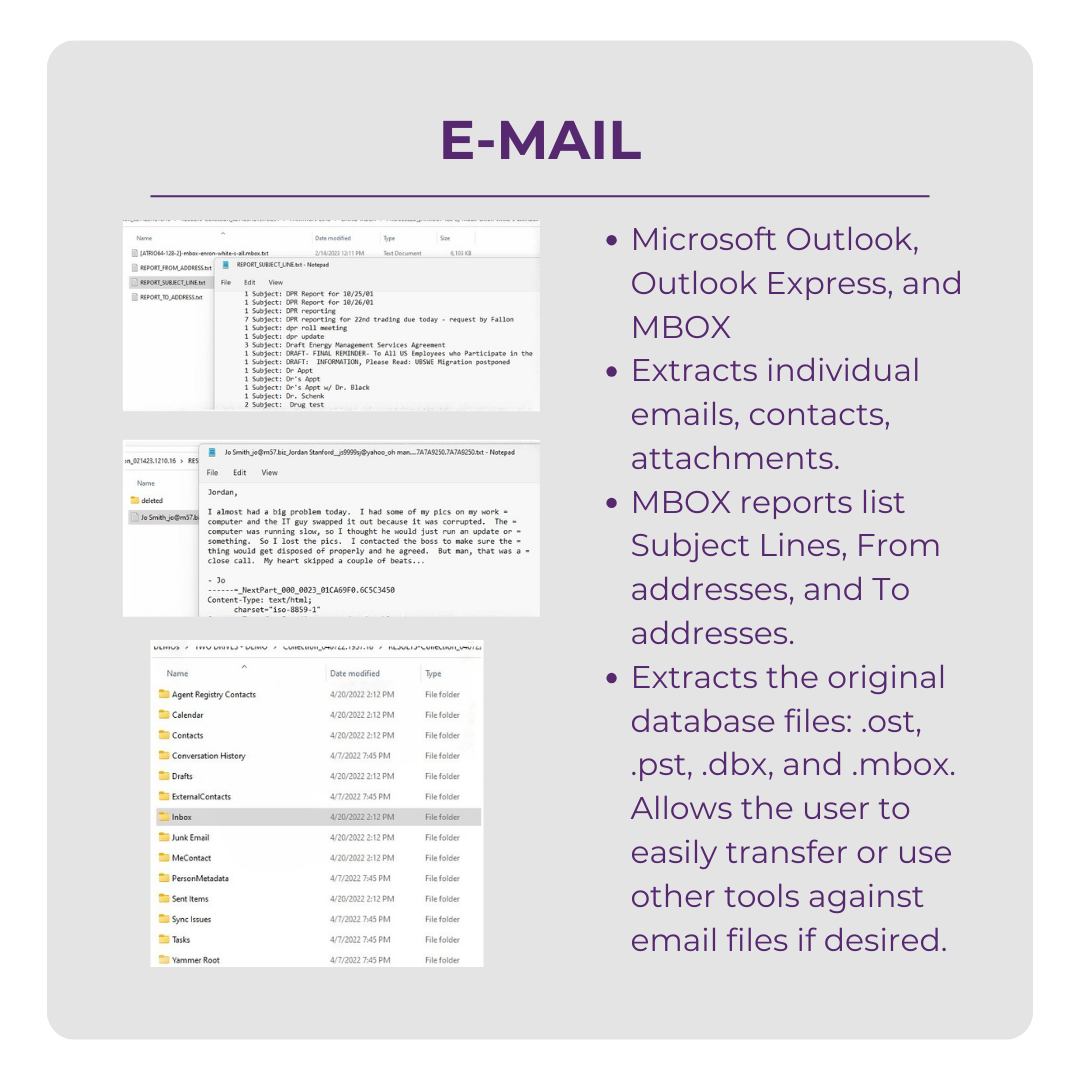 Screenshot of an informational presentation slide on email data extraction, showing text and file icons related to MS Outlook, contacts, attachments, and database files.