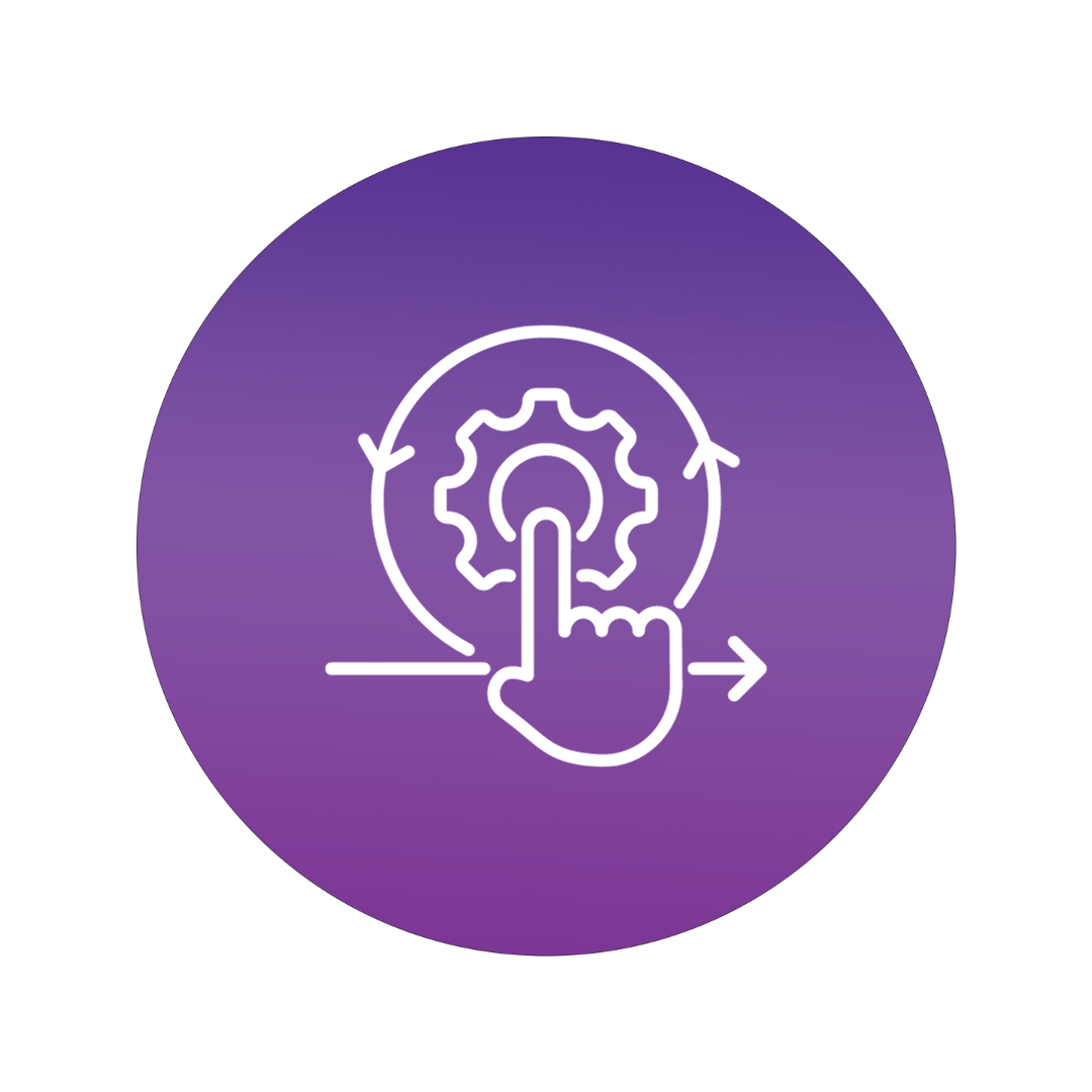Icon of a gear with a hand pressing a button, surrounded by circular arrows, indicating settings or process control.