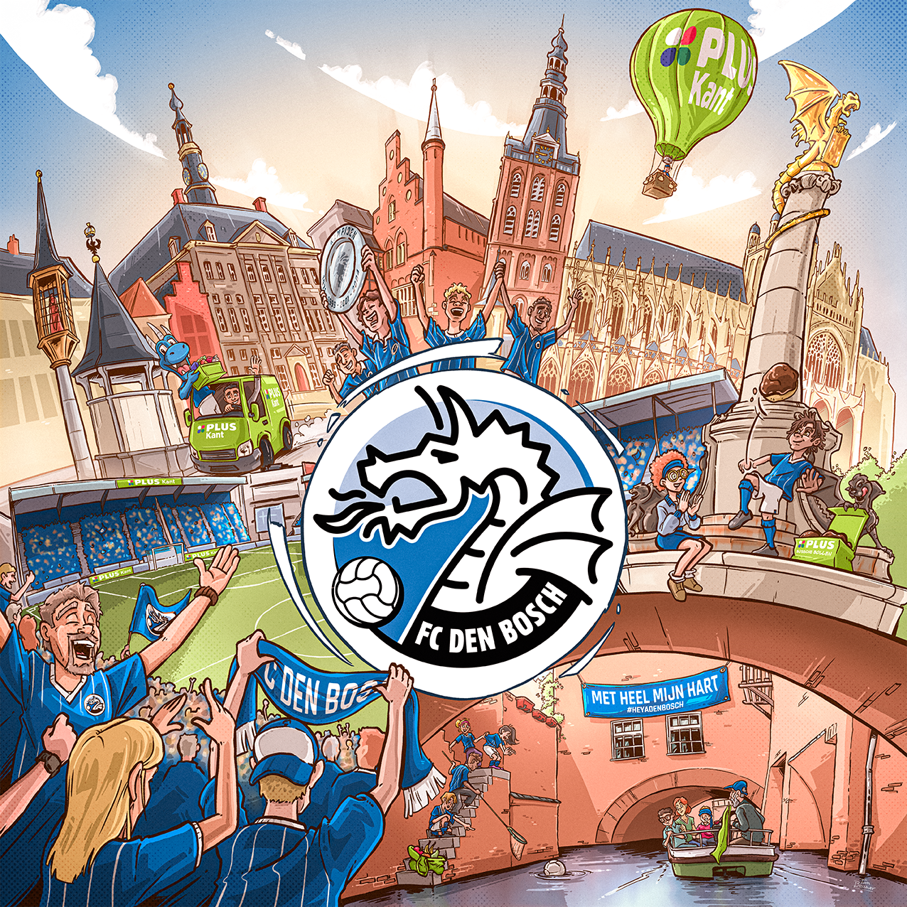 Een levendige illustratie van FC Den Bosch supporters die hun team vieren in een middeleeuwse stad, met een stadion, zeilboot, luchtdoopballon en standbeelden.
