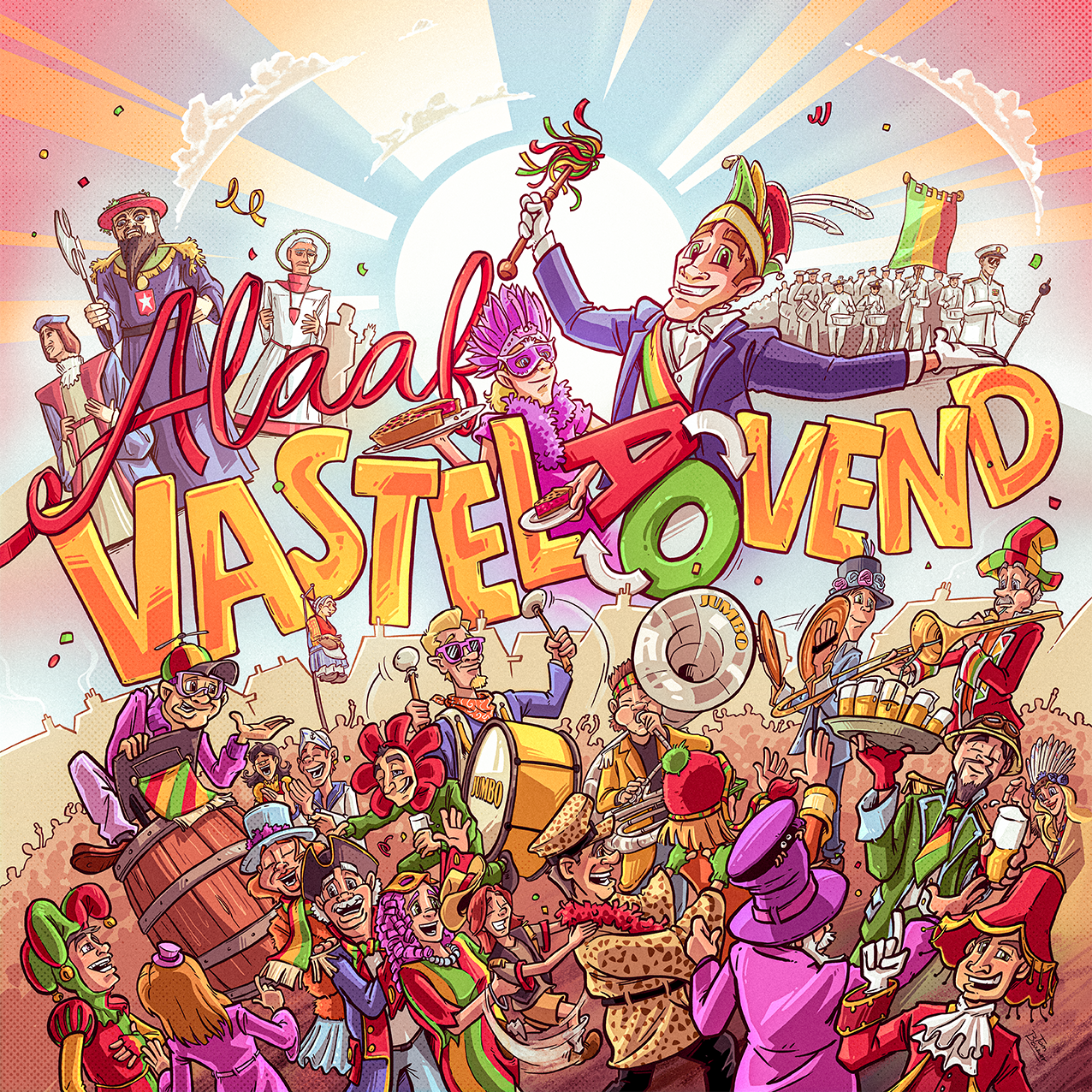 Een kleurrijk feest met mensen in carnavalskleding, muzikanten en confetti, met de woorden 'Alpaf VasteLovend' in het midden.