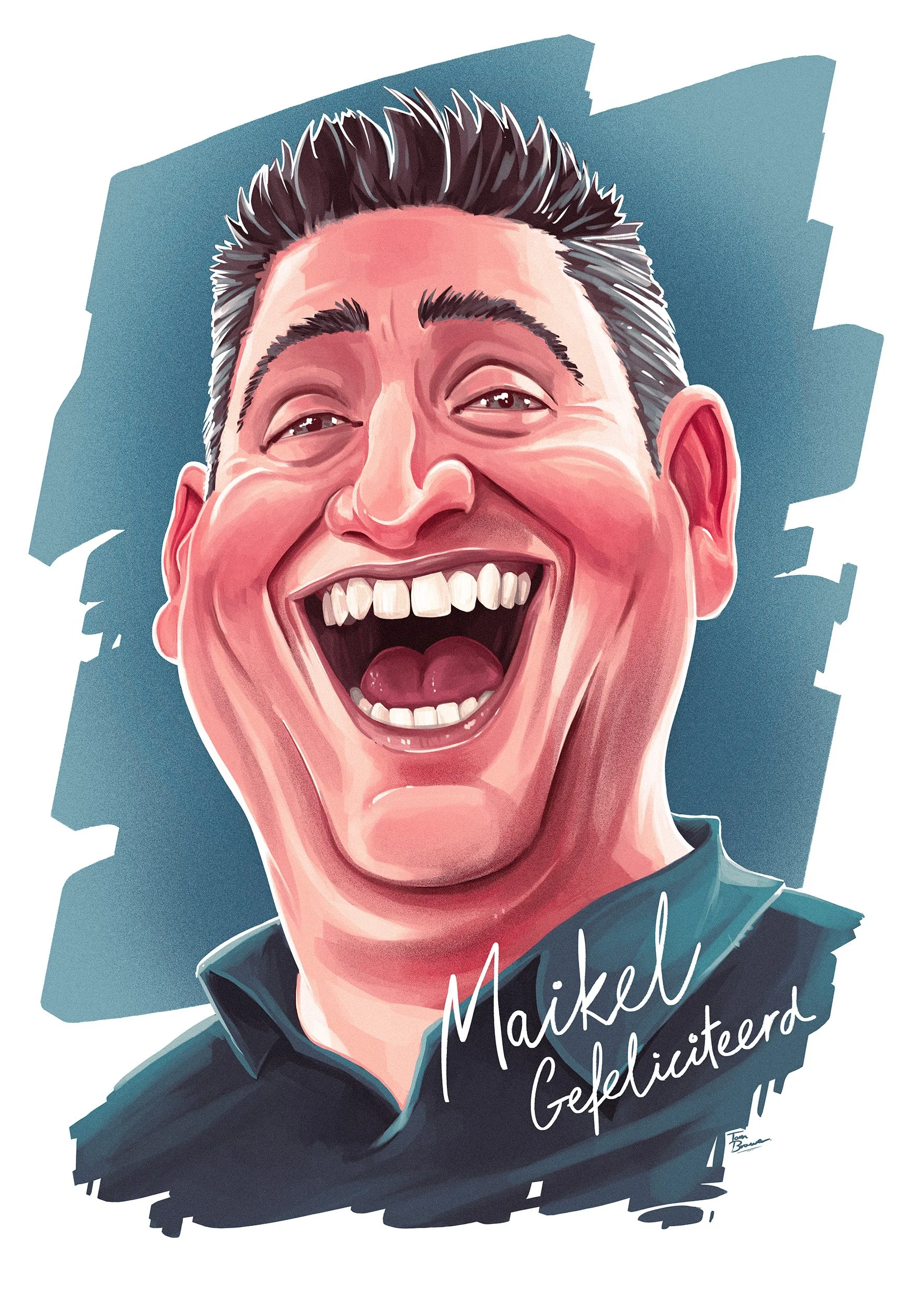 Karikatuur van een lachende man met zwart haar, witte tanden en een donkere jas. Tekst op de afbeelding: "Mikken geselecteerd".