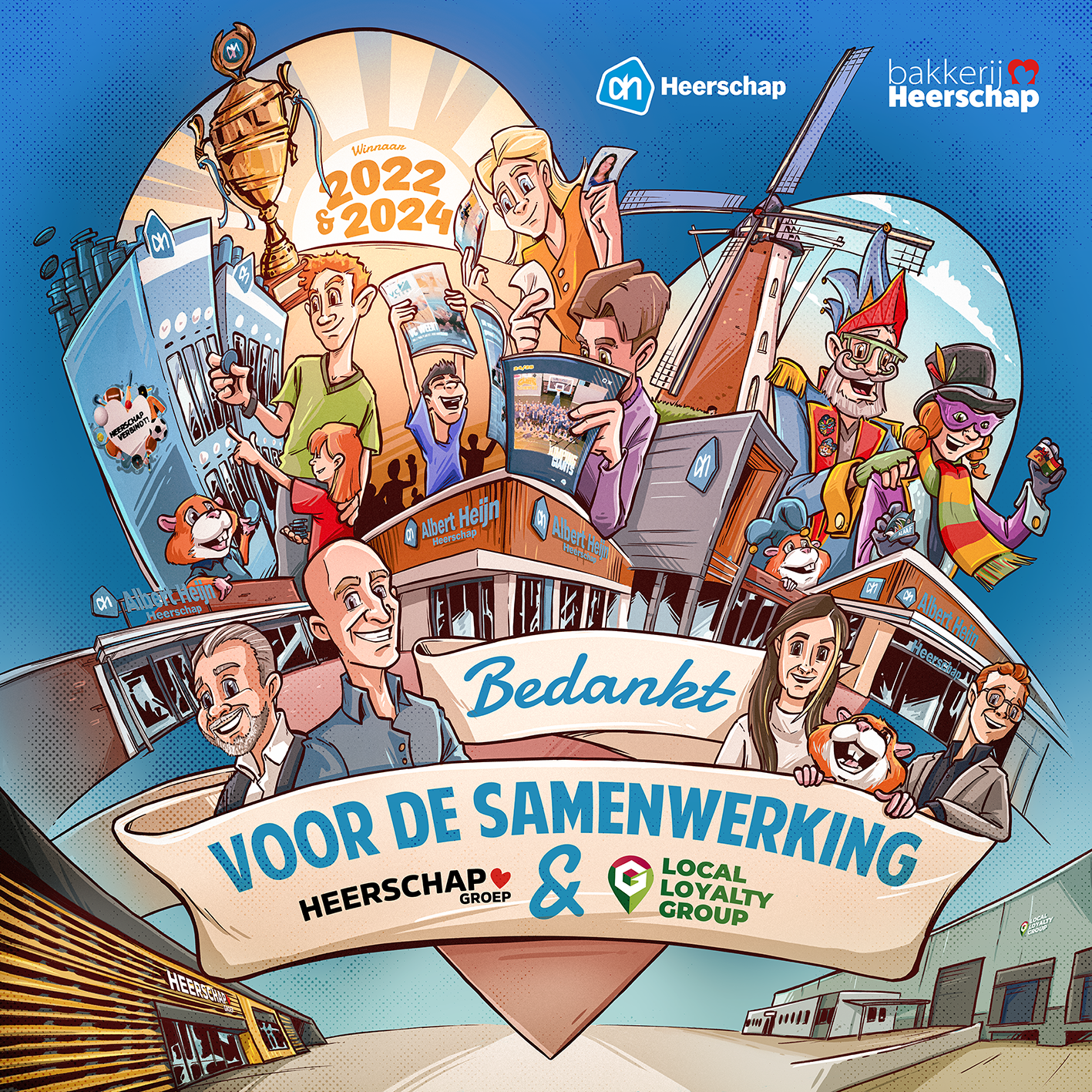 Illustratie van een trein met diverse mensen die communiceren en plezier maken. Bovenaan staat de tekst 'Wanna 2022 & 2024', en onder een banner met 'Bedankt voor de samenwerking' tussen de logo's van Heerschap Groep en Local Loyalty Group.