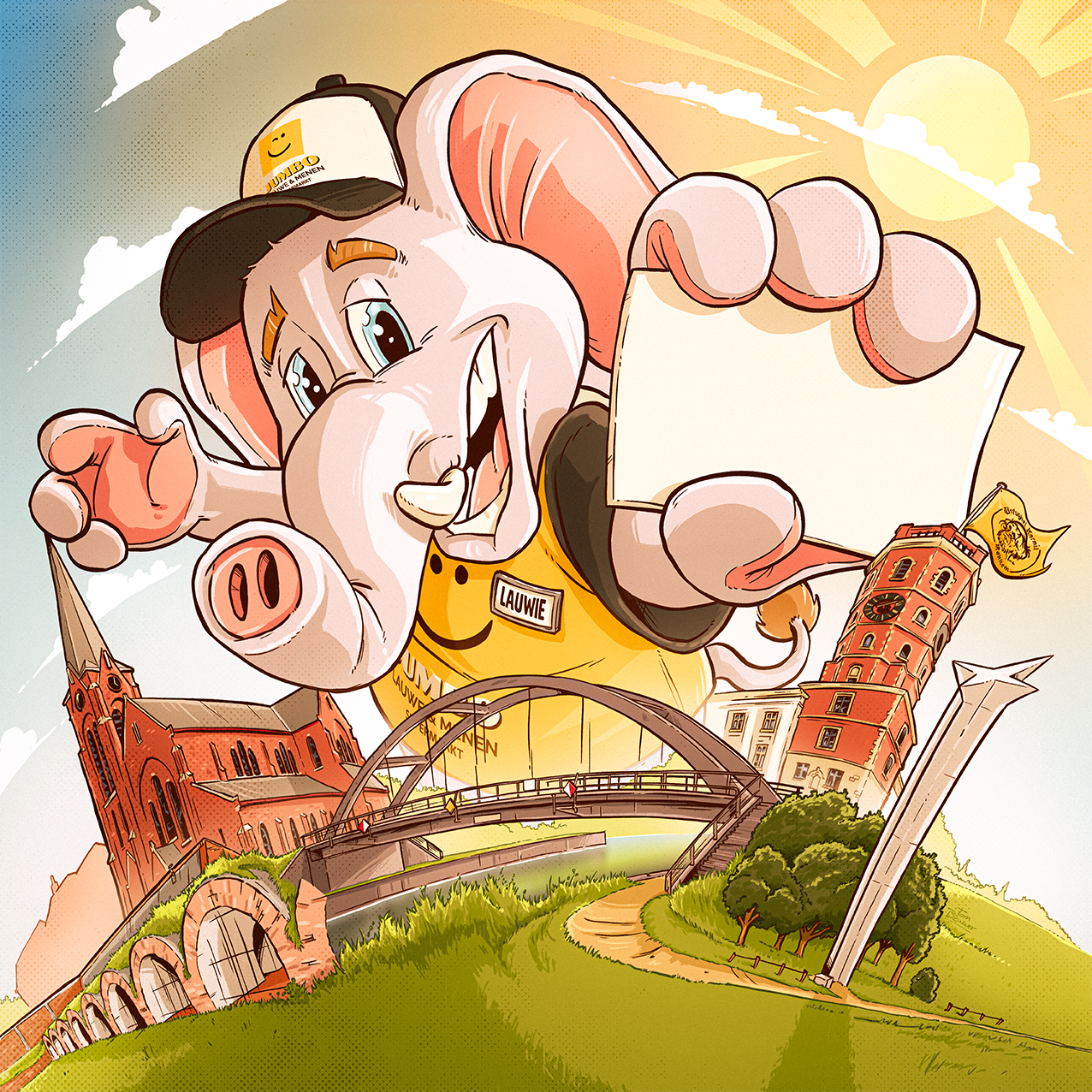 Cartoon afbeelding van een vriendelijke varken met een pet en een gele jas, die een groot blanco bord vasthoudt, met historische gebouwen en een brug op de achtergrond onder een zonnige hemel.