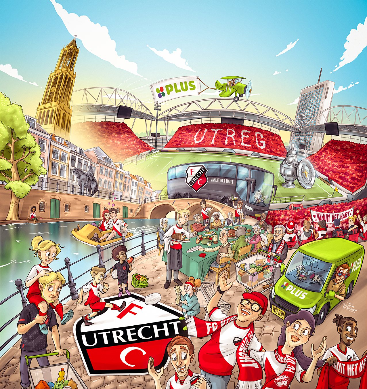 Een levendige scène bij een voetbalwedstrijd van FC Utrecht, met fans die genieten bij een kanaal, een grote banner met de tekst 'UTRECHT', en een stadion op de achtergrond. Mensen drinken, eten en vieren samen.