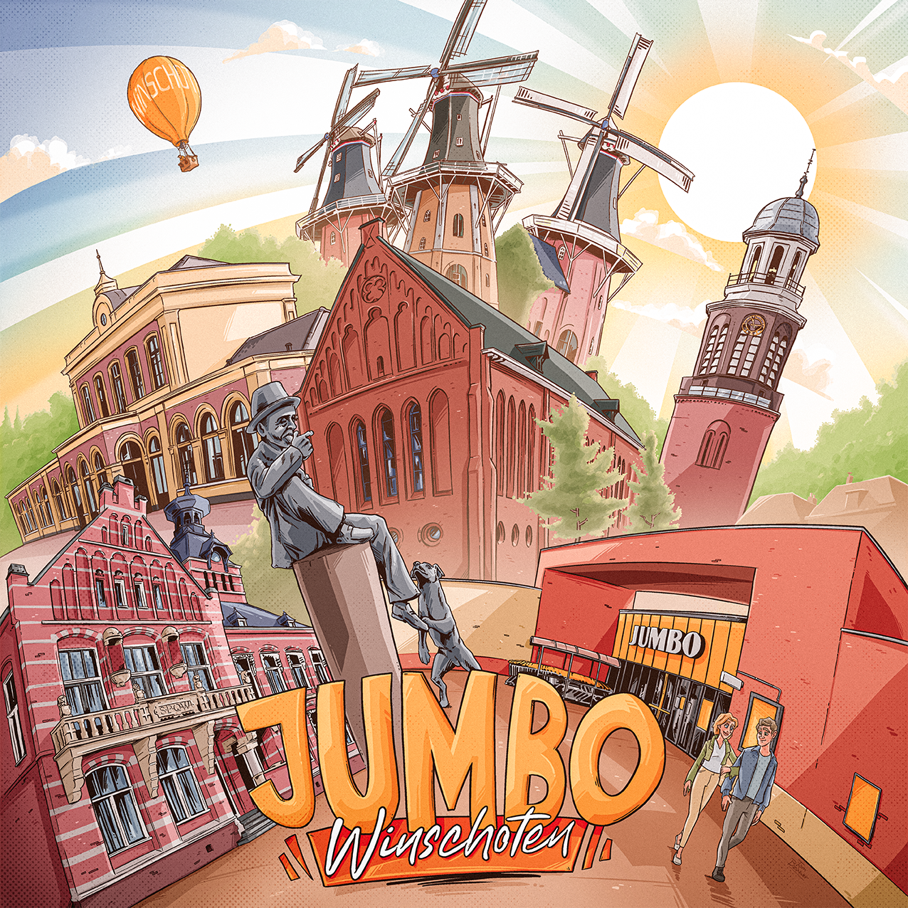 Een illustratie van de Stad Winschoten, met windmolens, historische gebouwen, een standbeeld en een Jumbo supermarkt. Er zijn twee mensen die samen wandelen.