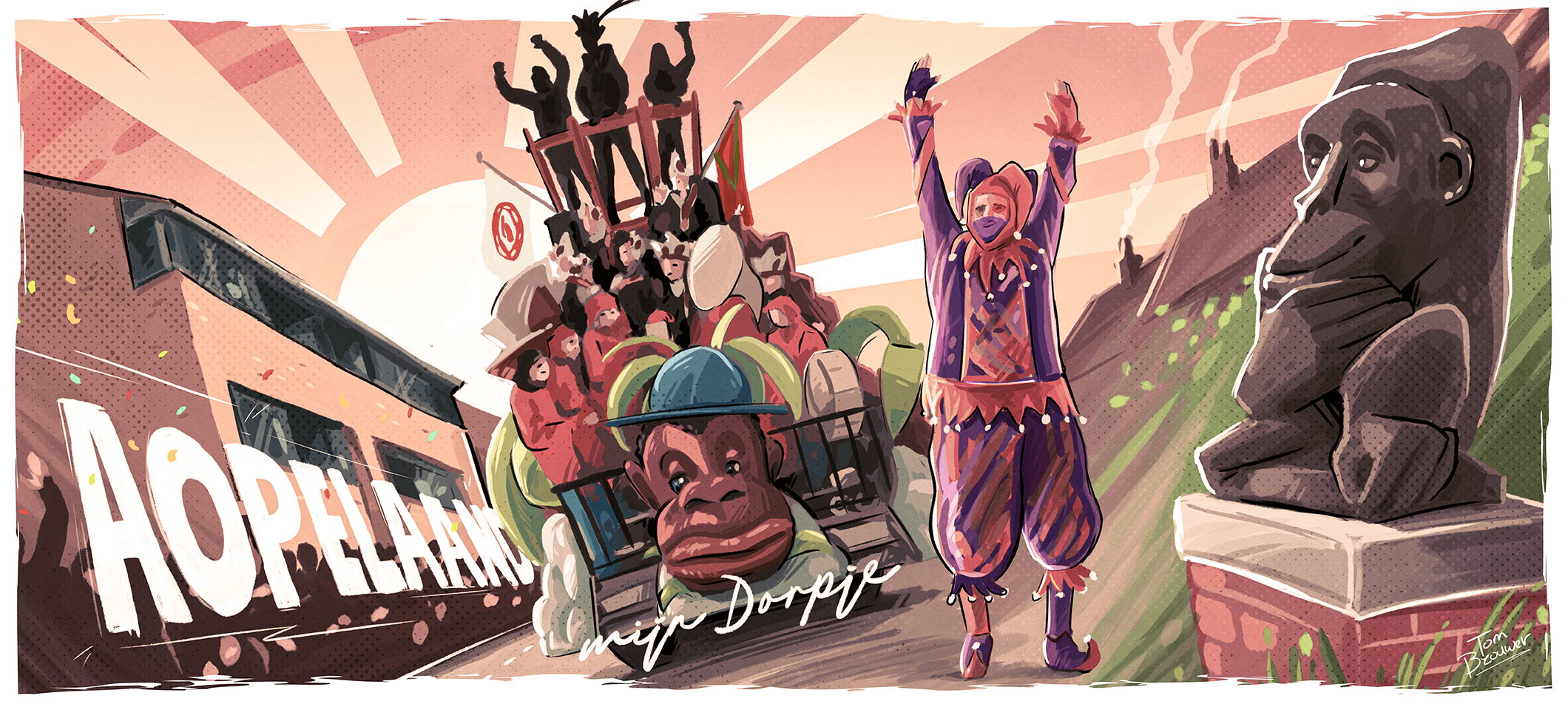 Illustratie van een carnavalsprijs met een terrapin, een jongleur in kleurrijk kostuum en een menigte feestvierders op een koets, met een grote beerbeeld op de sokkel.
