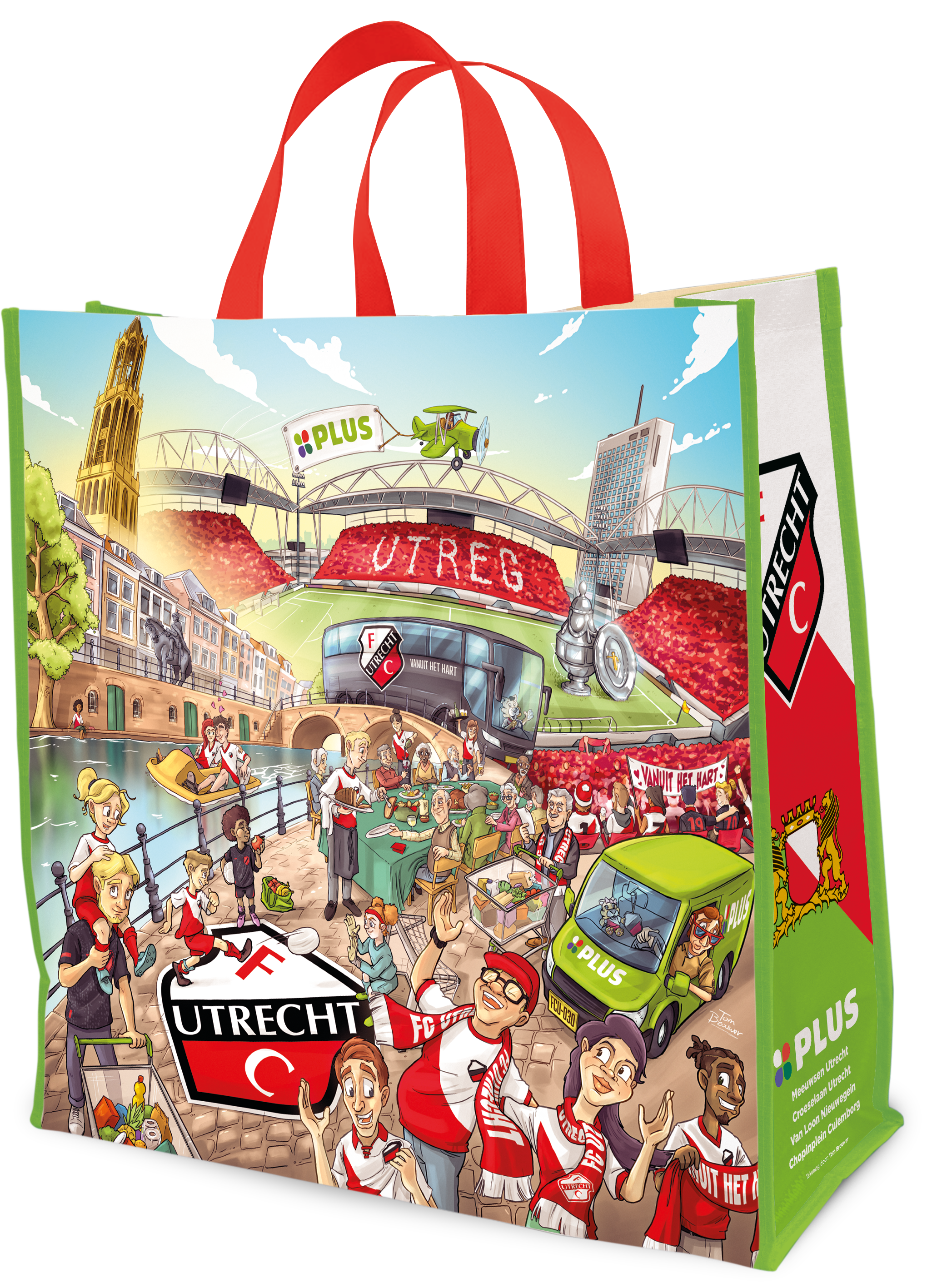 Illustratie van een bruisende stadsscene met mensen die genieten bij een waterkant, een voetbalstadion met 'UTRECHT' erop, en diverse stadsgebouwen. Mensen dragen voetbaloutfits van FC Utrecht en er zijn marktstalletjes en een groene bezorgerwagen.