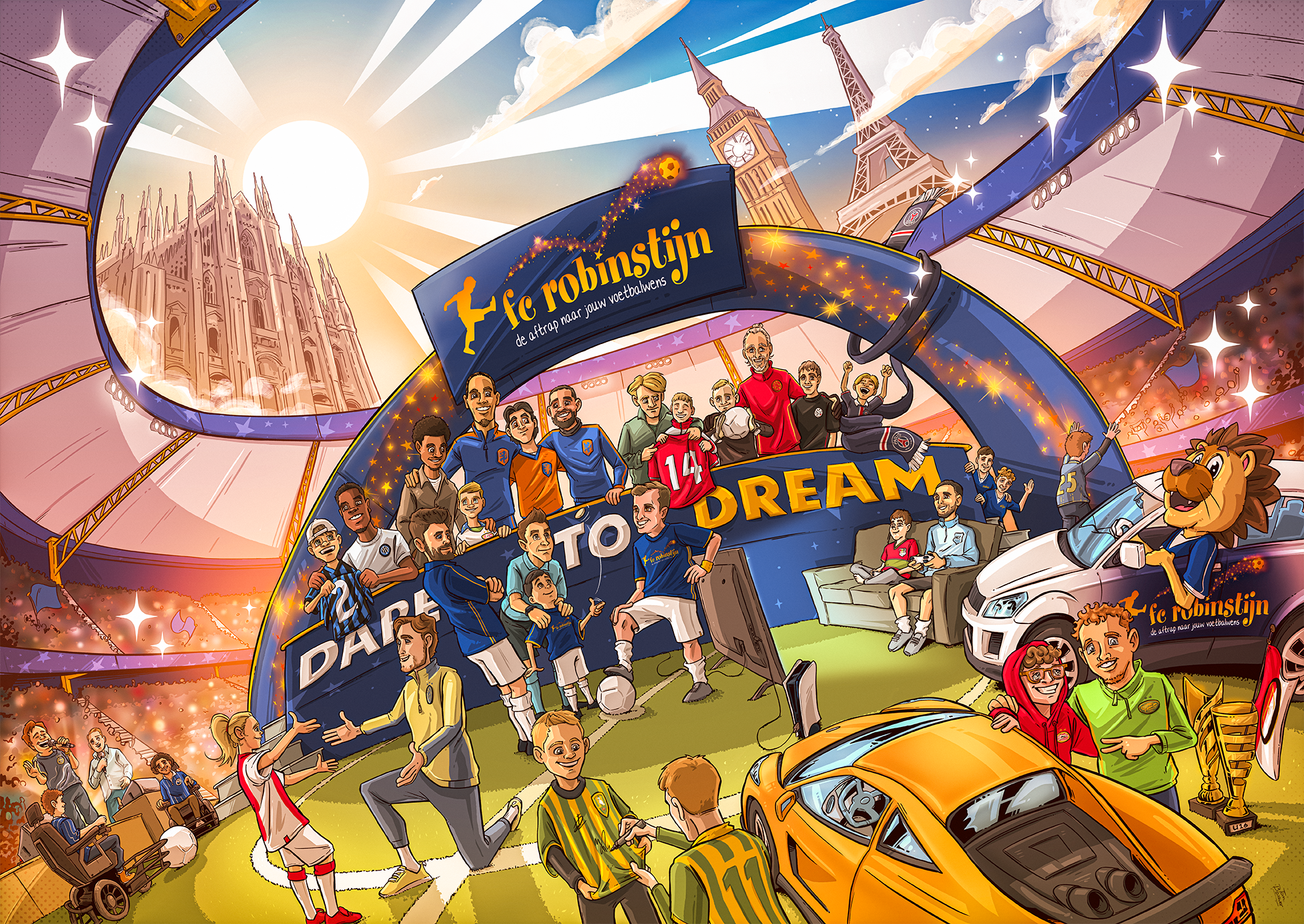 Illustratie van een sportevenement met een stadion, veel mensen, sporters, en iconische bouwwerken zoals Big Ben en de Eiffeltoren op de achtergrond, met een banner voor 'fic robinstijn'