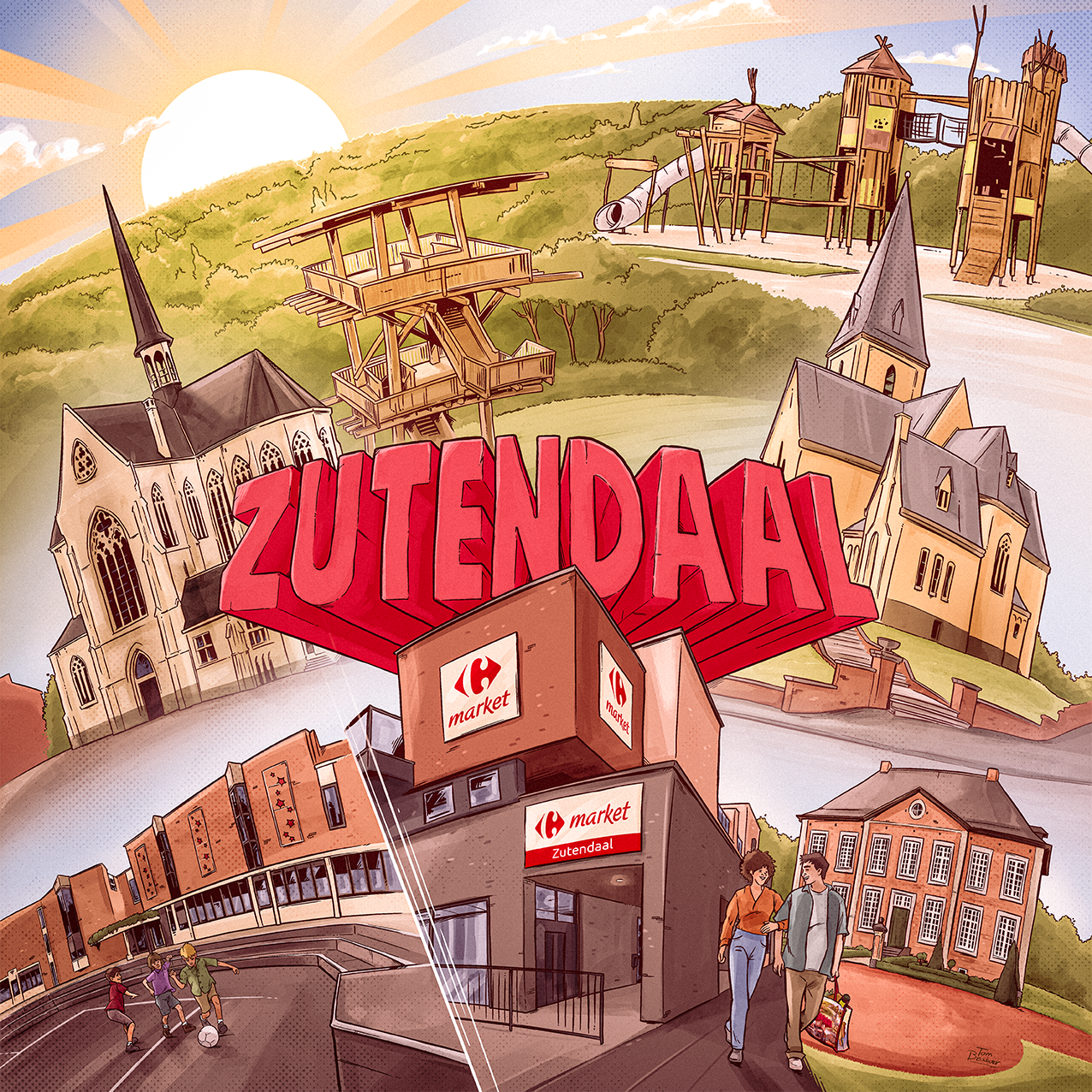 illustratie van het stadje Zutendaal met kerken, een speeltuin, een supermarkt en mensen die wandelen en spelen.