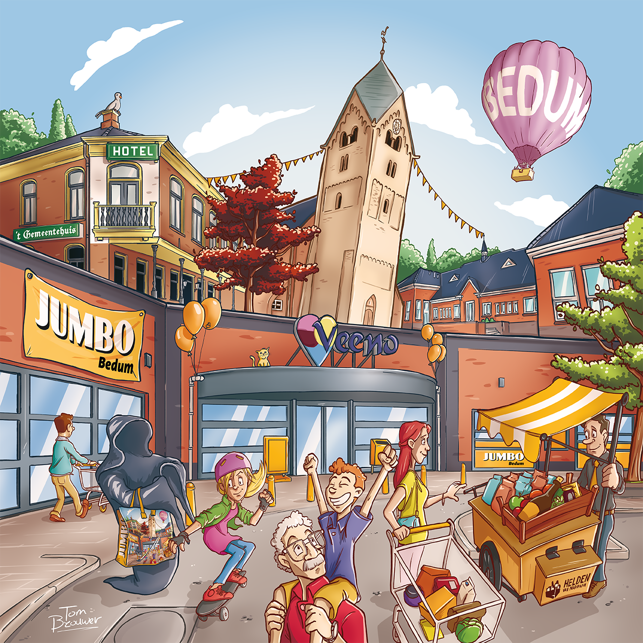 Een levendig stadsplein met mensen die winkelen, fietsen en plezier maken, omringd door gebouwen, een kerk, ballonnen en herfstbomen.