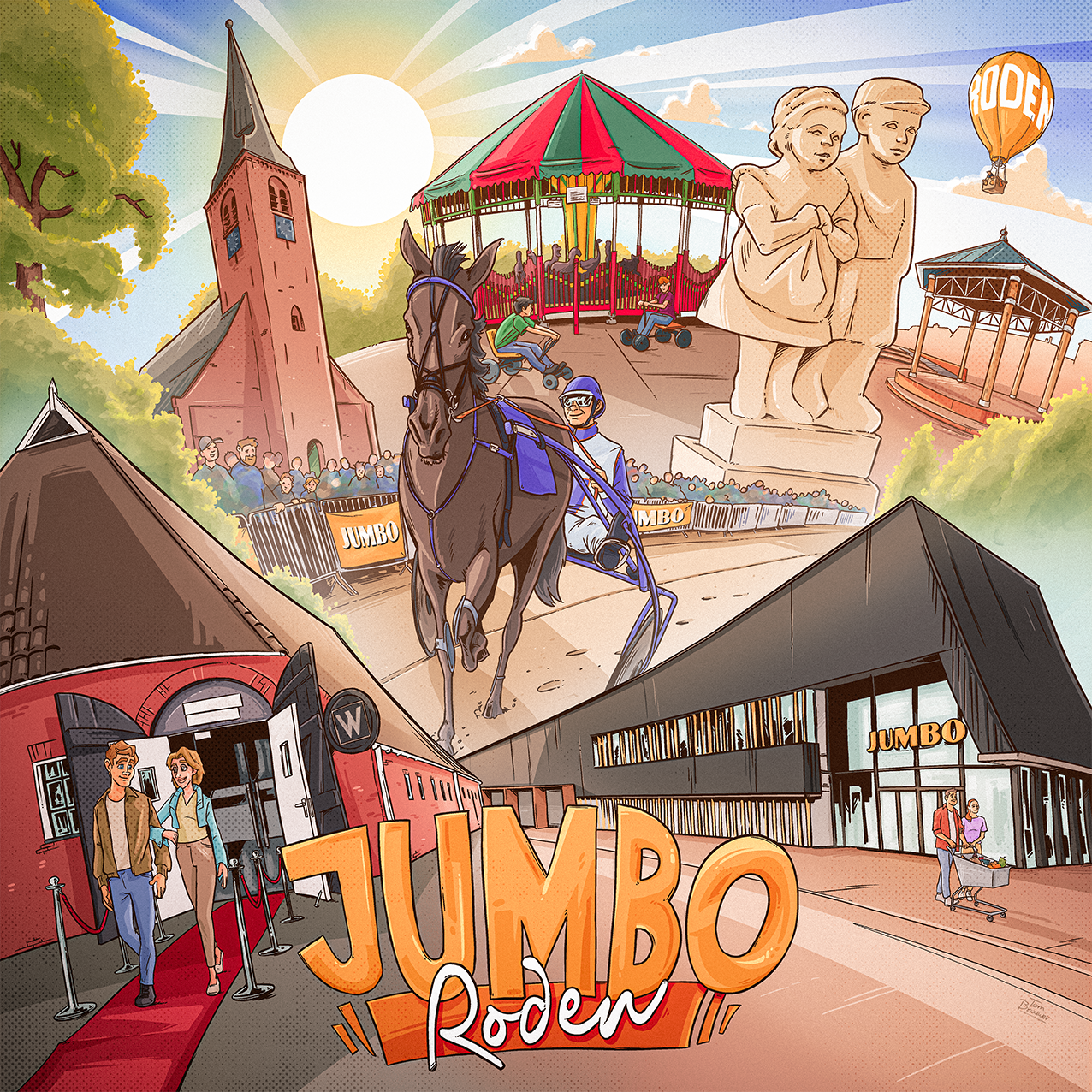 Illustratie van een pretpark met een draaimolen, een paard met ruiter, een grote stenen beeld van twee kinderen, een kerktoren, een luchtballon, mensen wachten in de rij, een gebouw met het logo Jumbo en een ingang met mensen die naar binnen lopen.