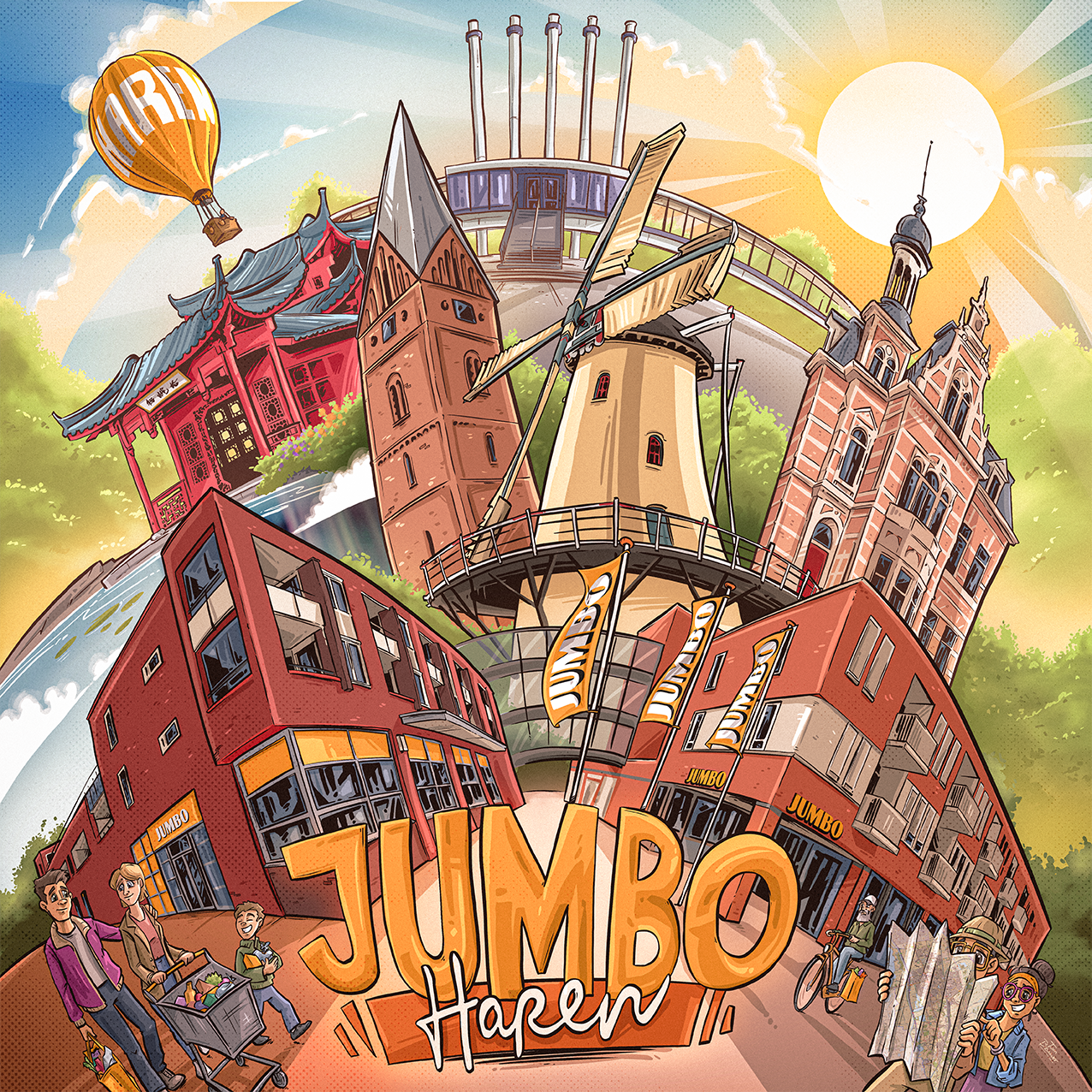 Illustratie van een levendige straat in Jumbo Haven met diverse gebouwen, waaronder een toren, een tempel, een windmolen en een historisch gebouw, met mensen die winkelen, fietsen en genieten van de zon.