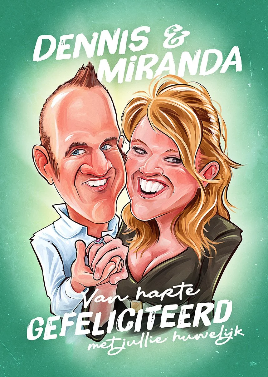 Caricatuur van een koppel dat trouwt, met de tekst 'Van harte gefeliciteerd met jullie huwelijk'.