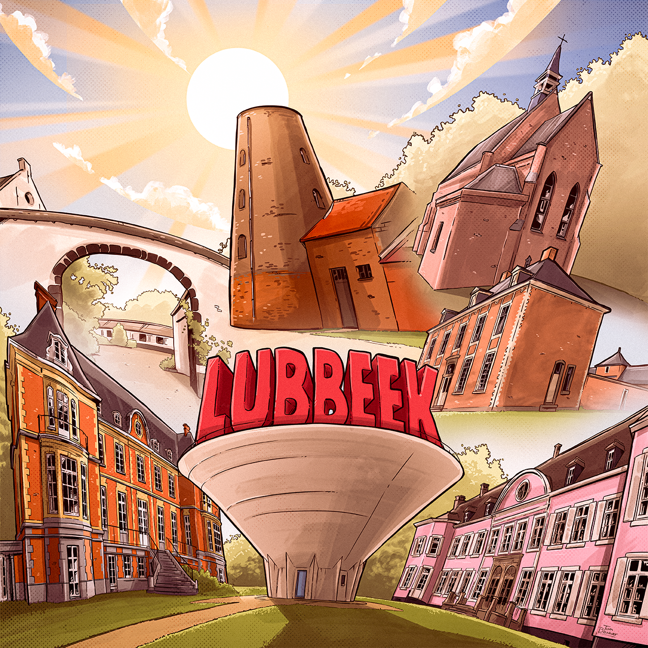 Een illustratie van een stad met verschillende oude gebouwen, een toren en een kerk, met een grote waterkruik met de tekst 'LUBBEEK' erop, en een zon die opkomt of ondergaat in de achtergrond.