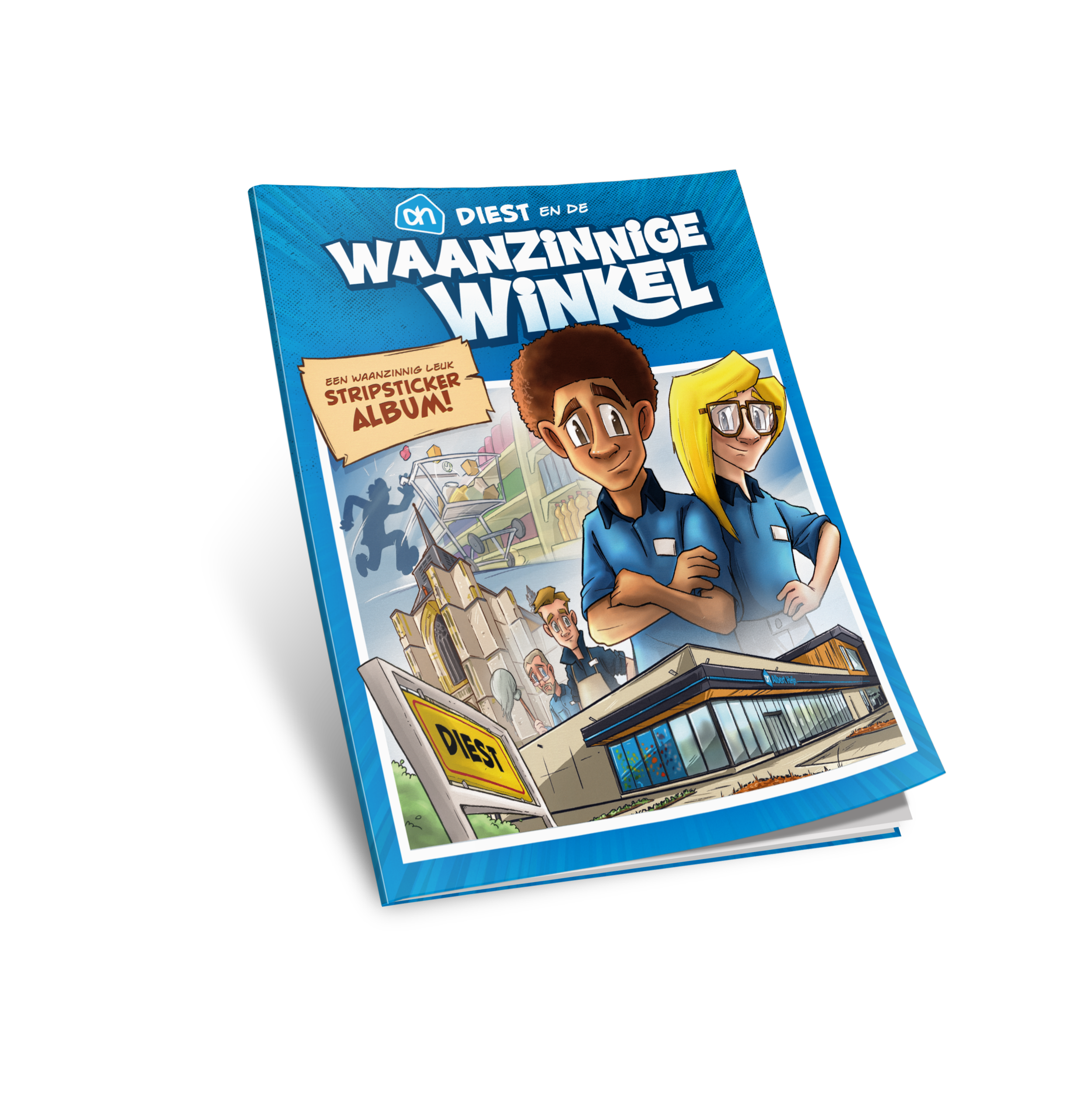 Een kinderboek met de titel 'Diest en de waanzinnige winkel' waarop twee kinderen afgebeeld staan. Eén jongen met krullend haar en één meisje met lang, recht blond haar en bril.
