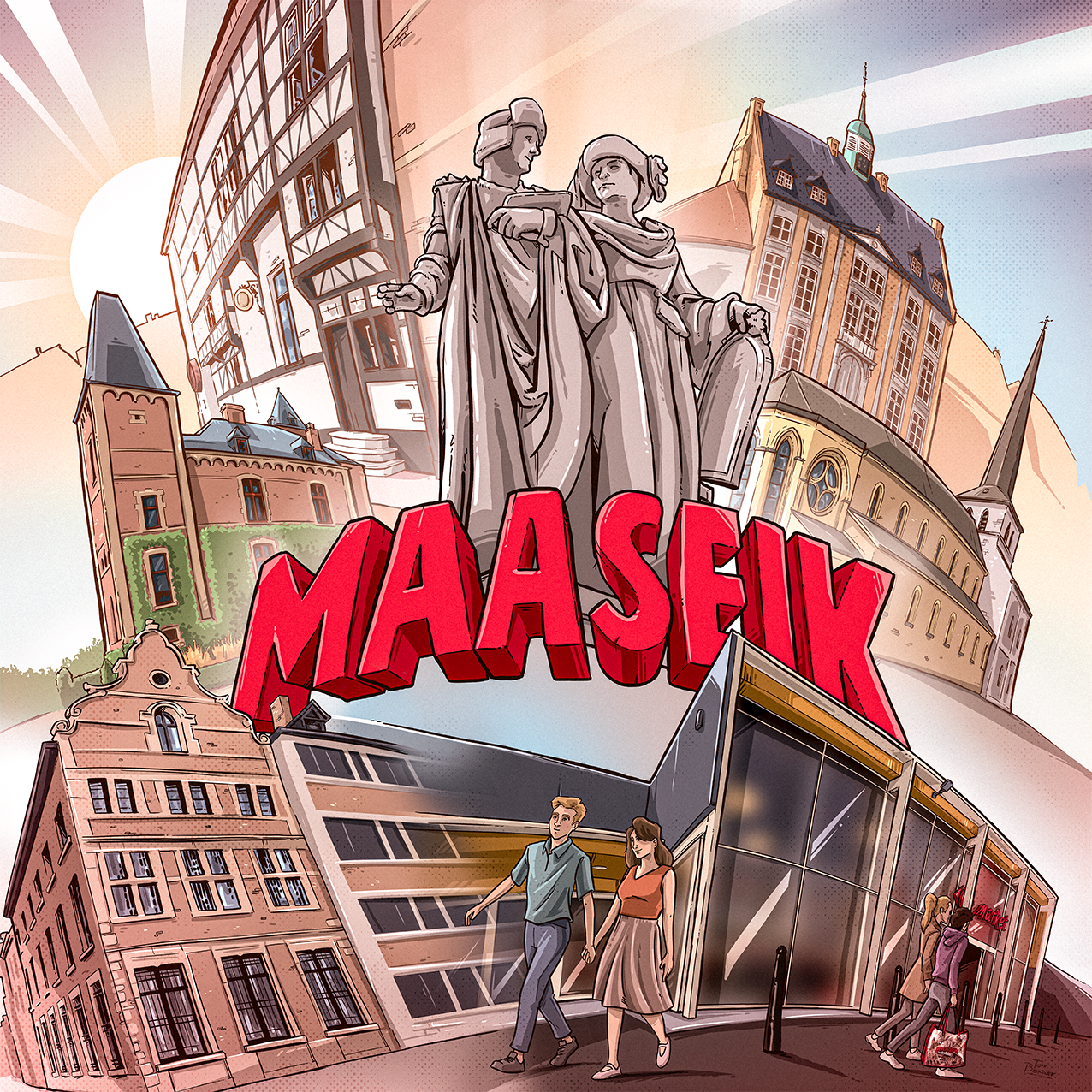 Illustratie van het Maaseik stadssymbool met een standbeeld van twee figuren, omgeven door historische en moderne gebouwen met een illustratieve stijl en mensen die wandelen.