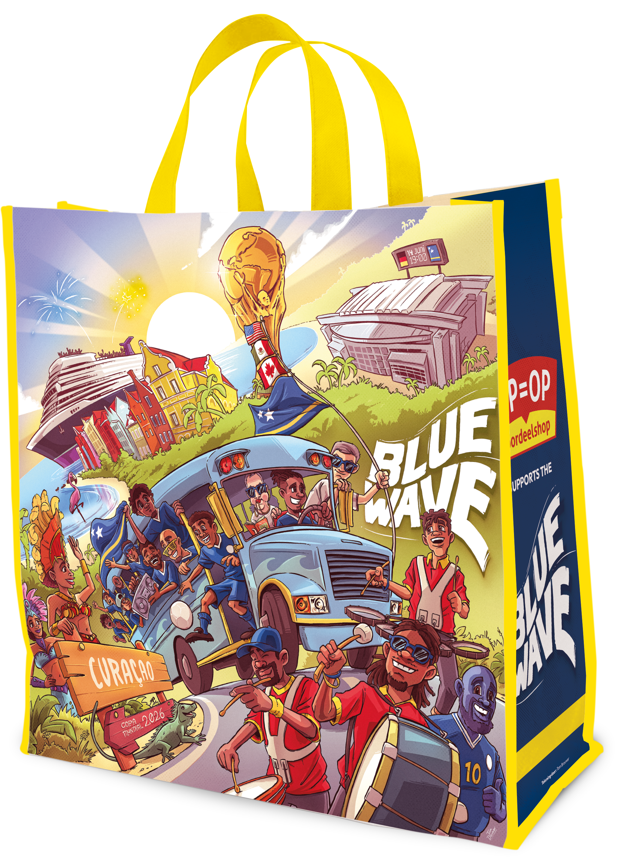 Illustratie van een groep diverse mensen in een bus met een wereldkaart en symbolen van verschillende landen en cultuur, vlaggen en sportevenementen, met een kustlijn en gebouwen op de achtergrond, en een grote gele en blauwe doos ernaast.