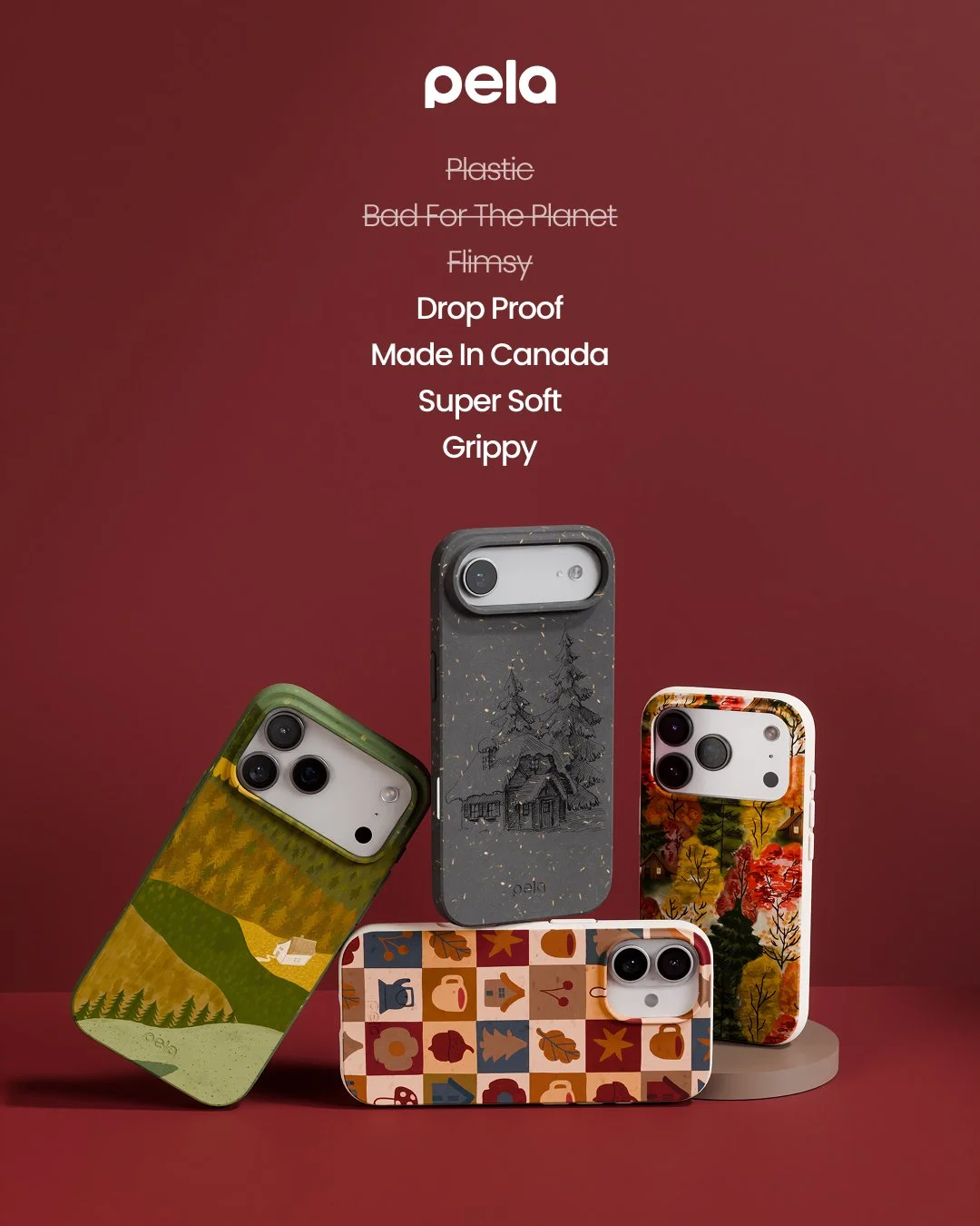 Four smartphones with colorful, nature-themed cases displayed on a red background, with text describing their features such as being drop-proof, super soft, grippy, made in Canada, and eco-friendly.