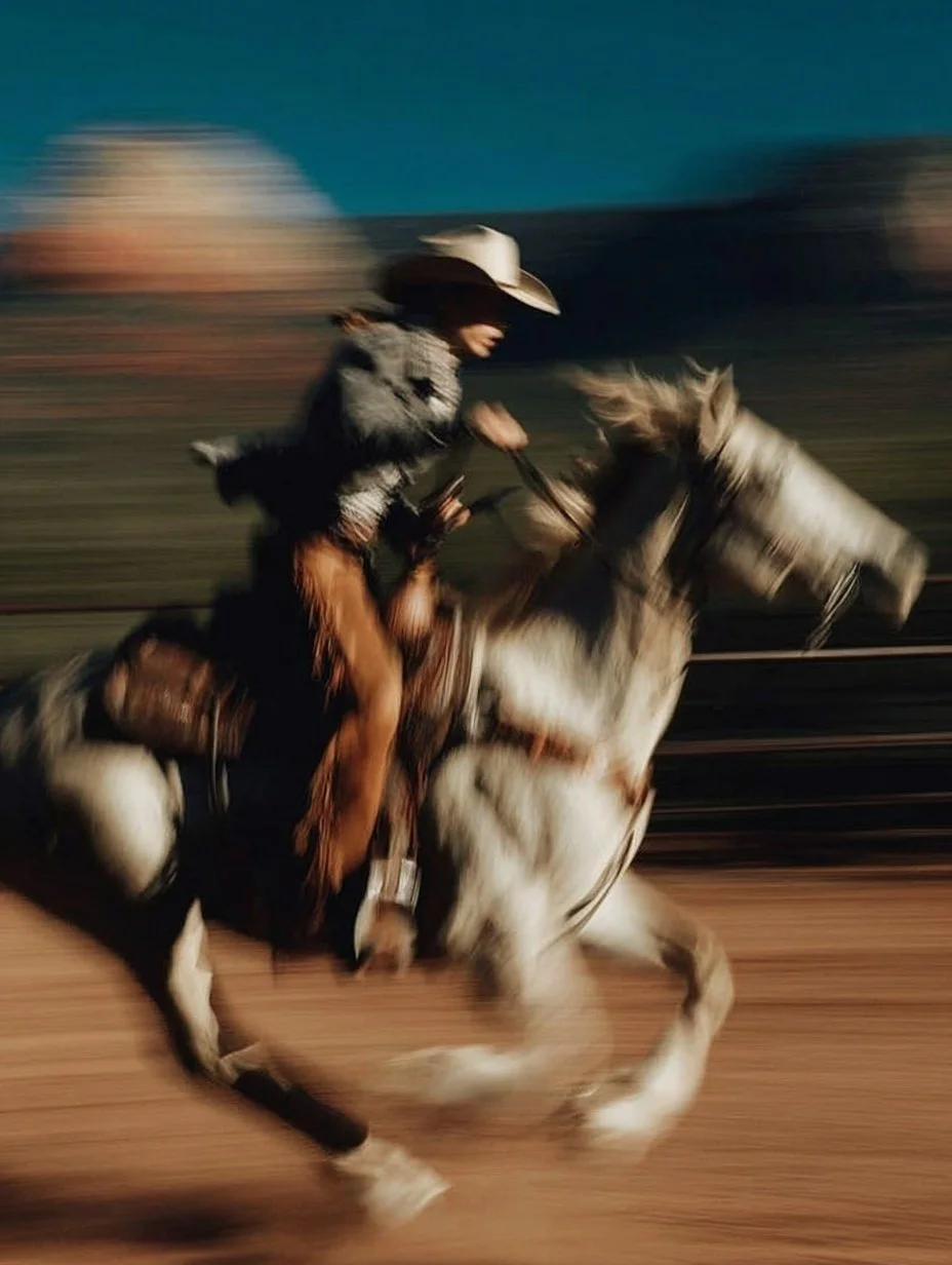 A person riding a bucking horse at night, wearing a cowboy hat and western clothing.