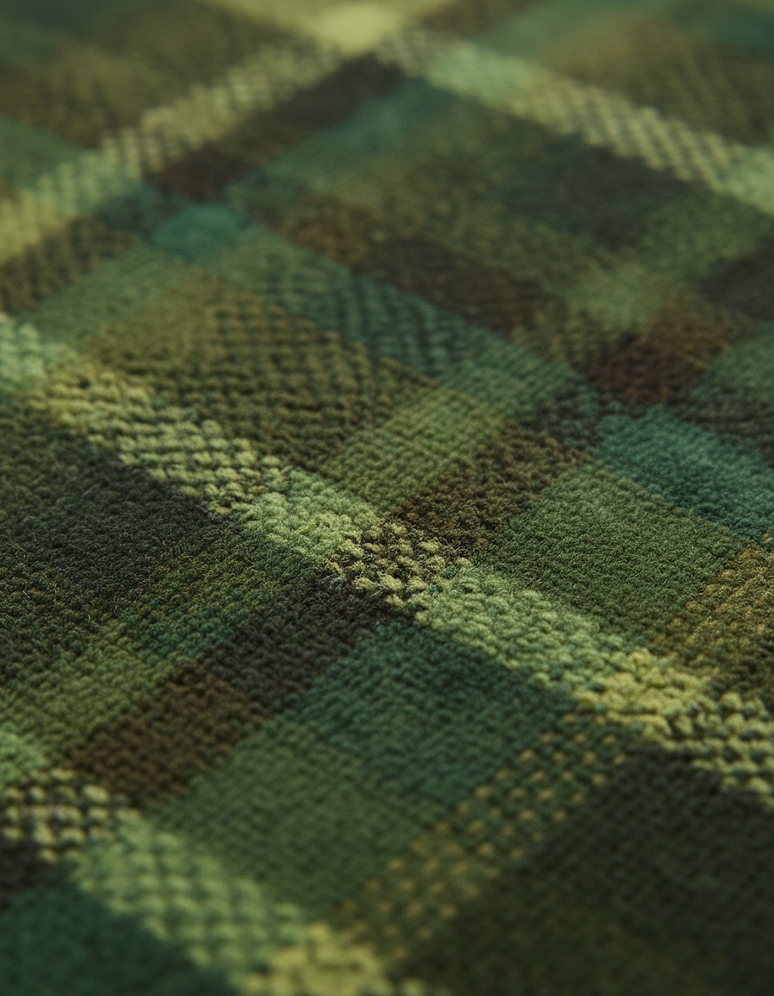 Close-up of a fabric with a green and black tartan plaid pattern.