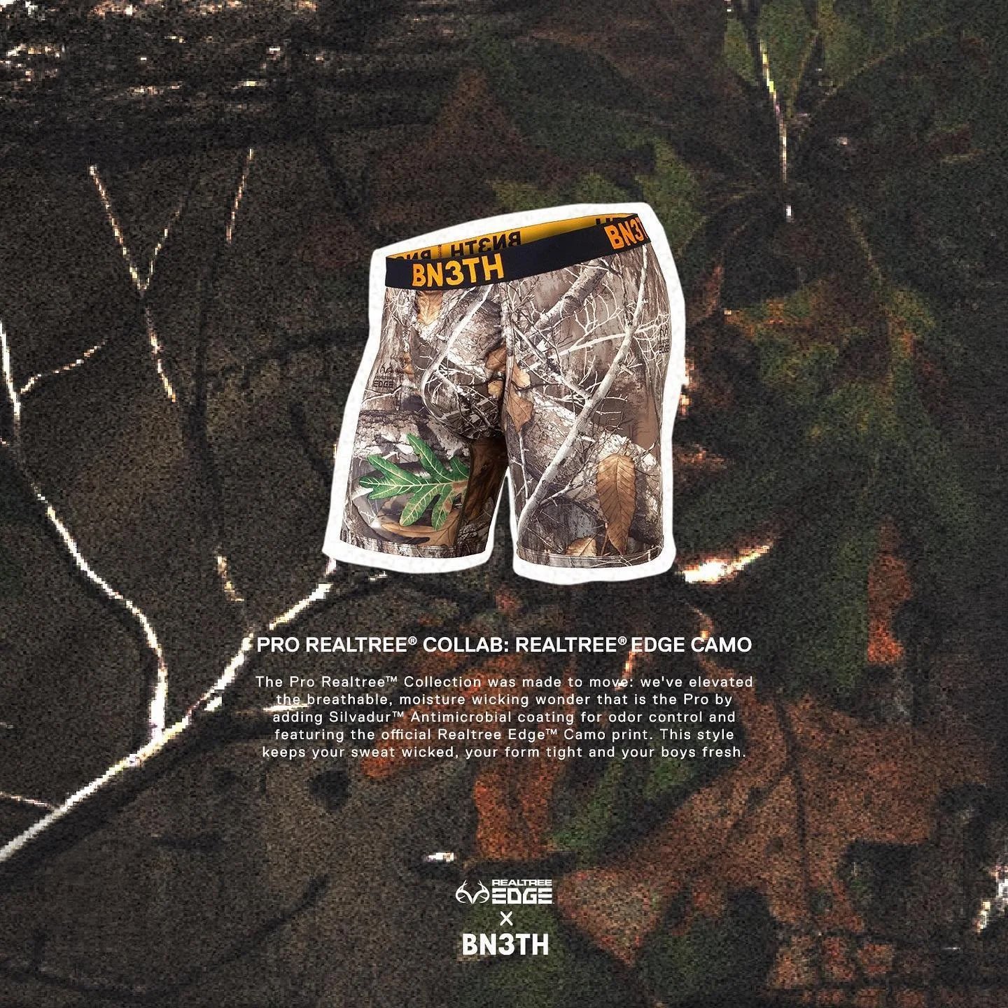 Camouflage pattern boxers with a woodland leaf and branch design, placed on dark textured fabric with the Realtree Edge and BN3TH logos, and a description of the product in white text.