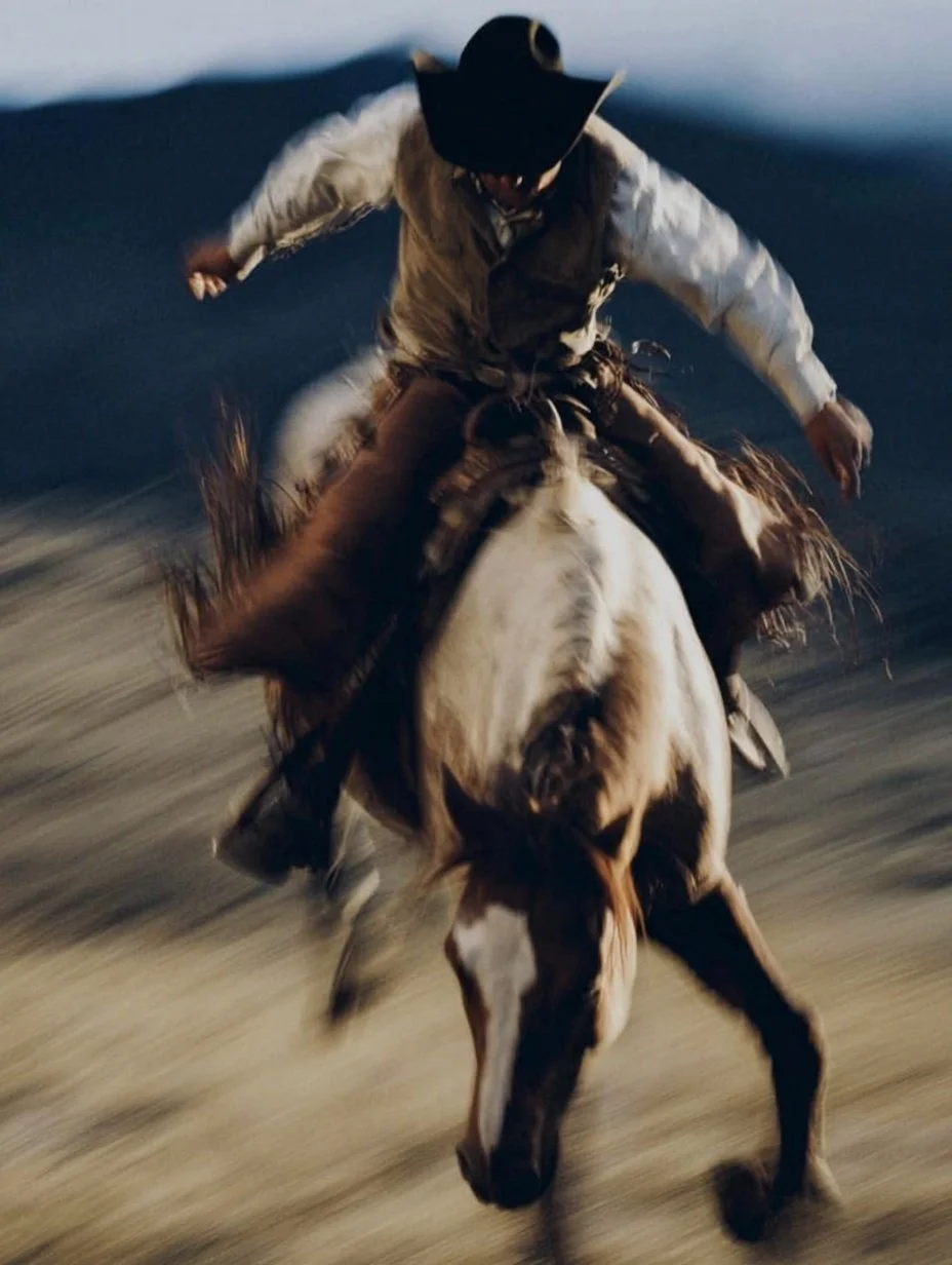 A person dressed as a cowboy riding a bucking buckskin horse, wearing a cowboy hat, white shirt, and vest, on a dirt trail at dusk or dawn.