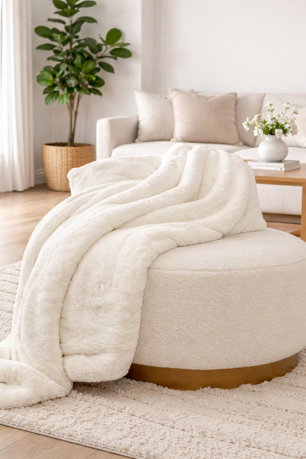 A cozy beige living room with a plush white throw blanket draped over a round ottoman, a white sofa with neutral pillows, a wooden coffee table with books and a white vase with flowers, a large potted plant, and curtains in the background.
