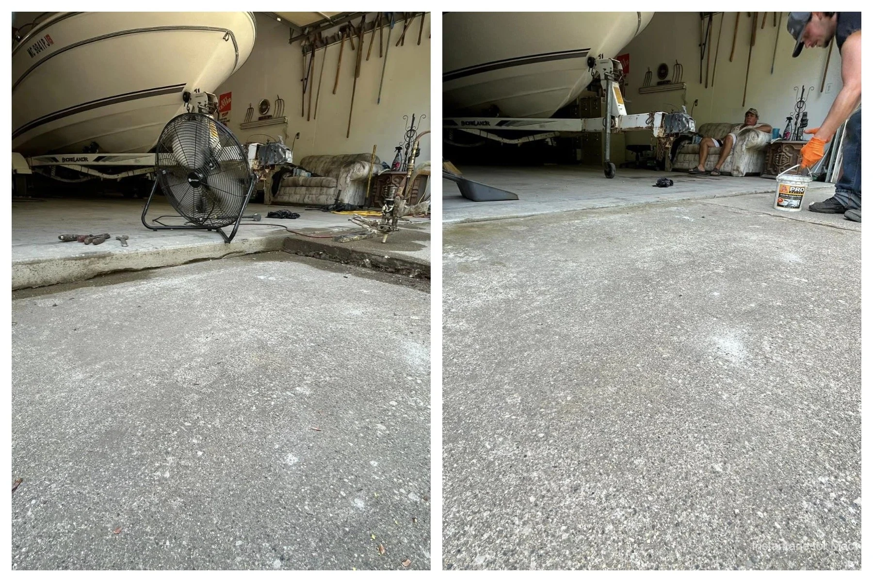 Side-by-side images of a garage with a boat on a trailer. The left image shows tools, a fan, and a man sitting on a couch. The right image shows a man applying a product to the garage floor.