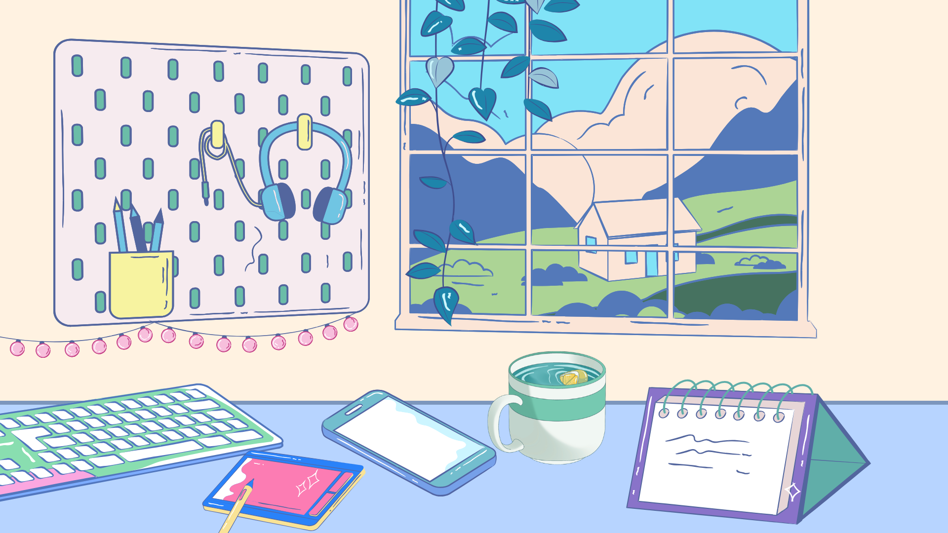 Blue and Ponk Anime Room Illustrated Retro Desktop Wallpaper.png