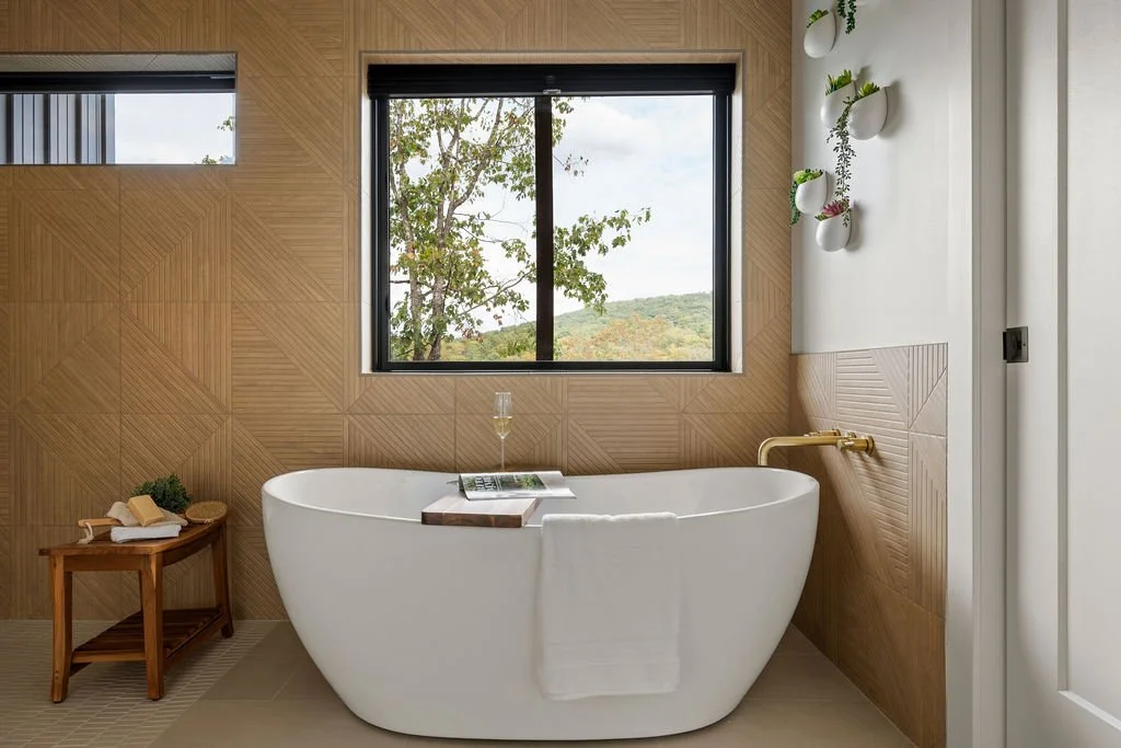 Bathroom with wood accents and charming cabin feel