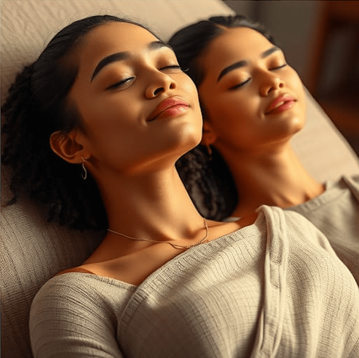 Two women with closed eyes enjoying a relaxing meditation on a couch, smiling gently.