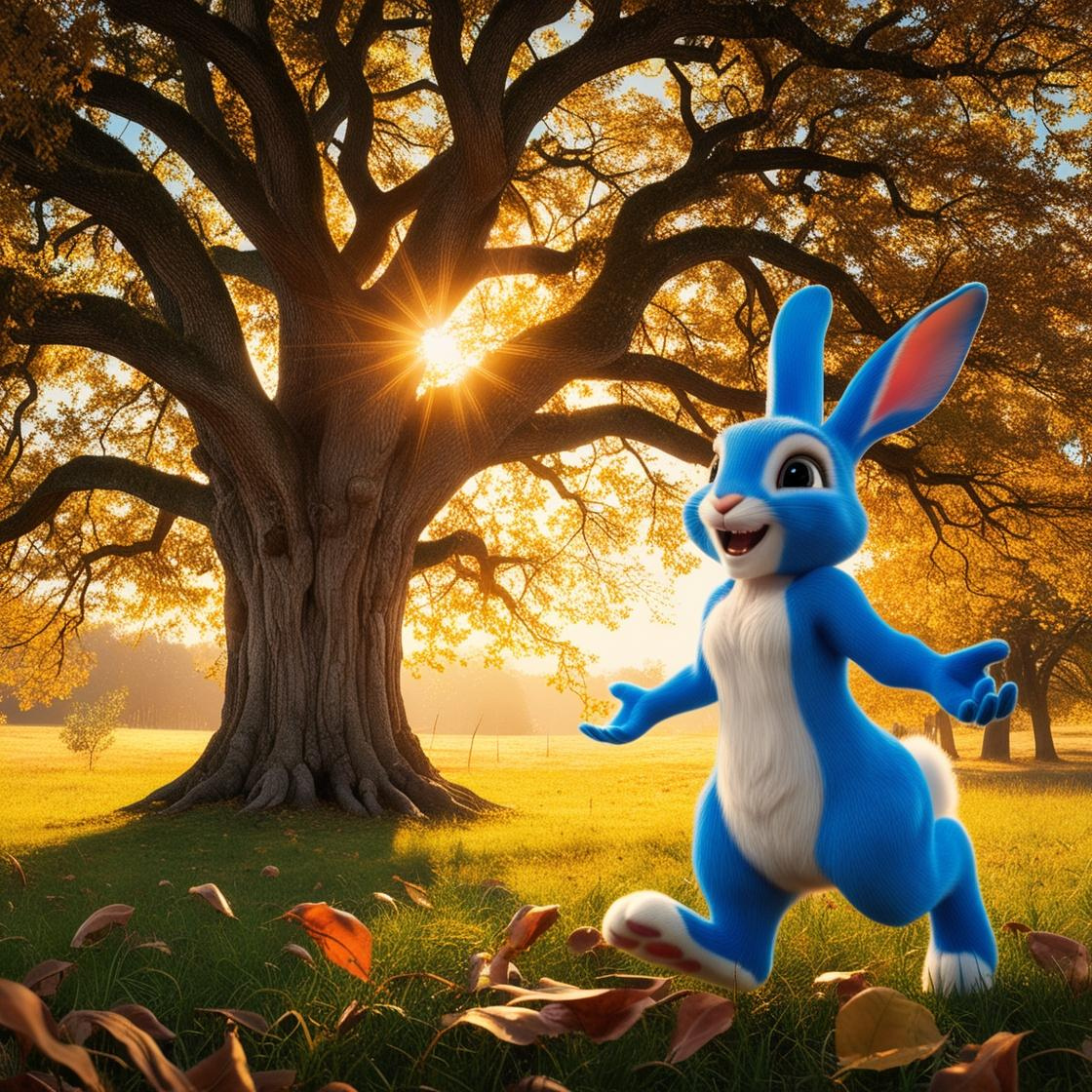 Animated blue rabbit character with large ears, white belly, and big eyes, standing outdoors in a forest clearing during sunset, with a large tree and fallen leaves on the grass.